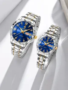 Couple Casual Water Resistant Watch, Quartz Analog Watches, Fashion Waterproof Round Dial Analog Stainless Steel Quartz Watch Set with Date & Week Display Function, Modern Accessories As Gift with Box