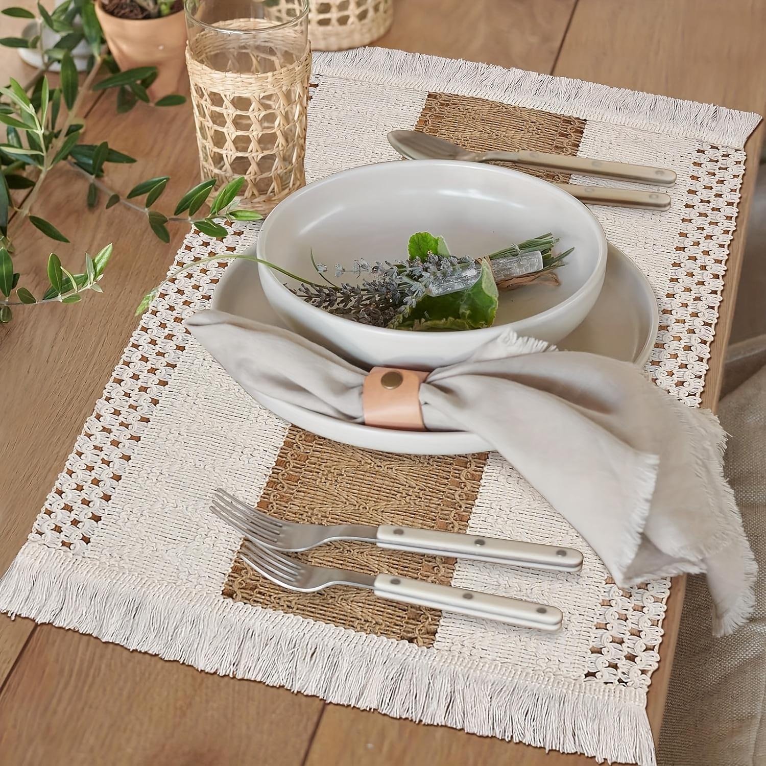 4/8pcs Bohemian Rustic Placemats, Hand-Crocheted Coffee Table Mates with Tassels in Farmhouse Burlap Style for Home Dishware Heat Insulation. Perfect as Boho Charm Decorations at the Dinning Room or Wedding Party Holiday Celebration,Party Table Decor