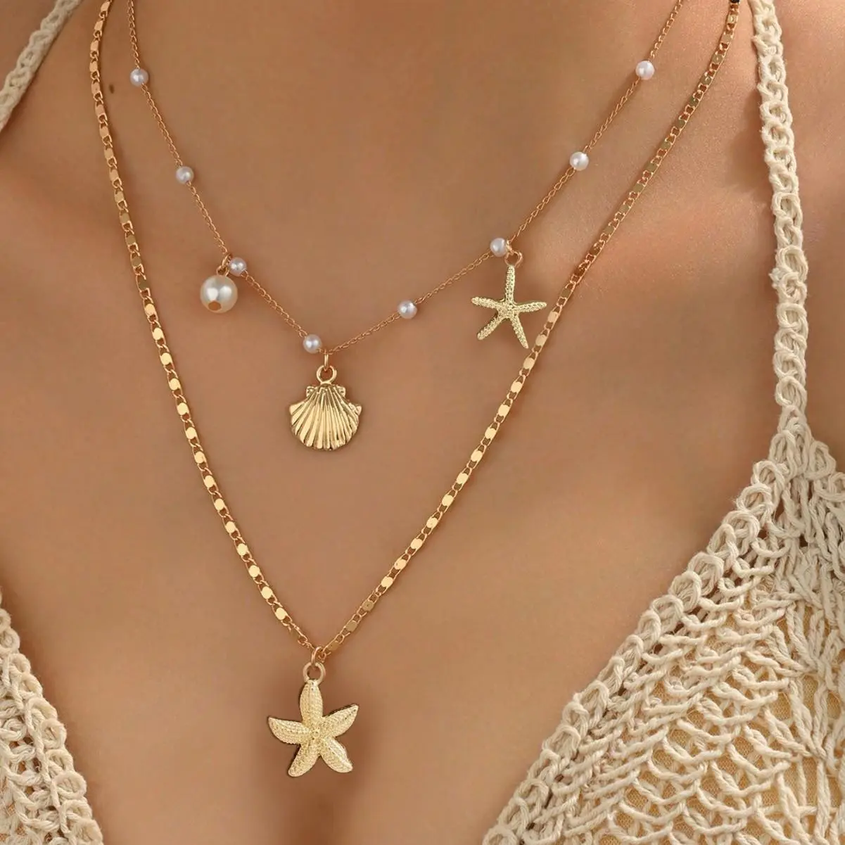 Women's Gold Boho 2-Chain Starfish Shell Pearl Chain Necklace - Coastal Cowgirl Mermaidcore Beach Charm, Summer Outfits Resort Wear Accessory, Anniversary Gift