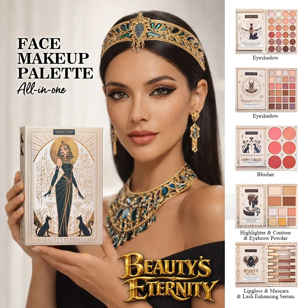 Romcom Egyptian Style 5-Layer Makeup Palette, Full Face Cosmetic Kit, Eyeshadow Blush Highlighter, Pigmented Matte Shimmer, Halloween Party Looks