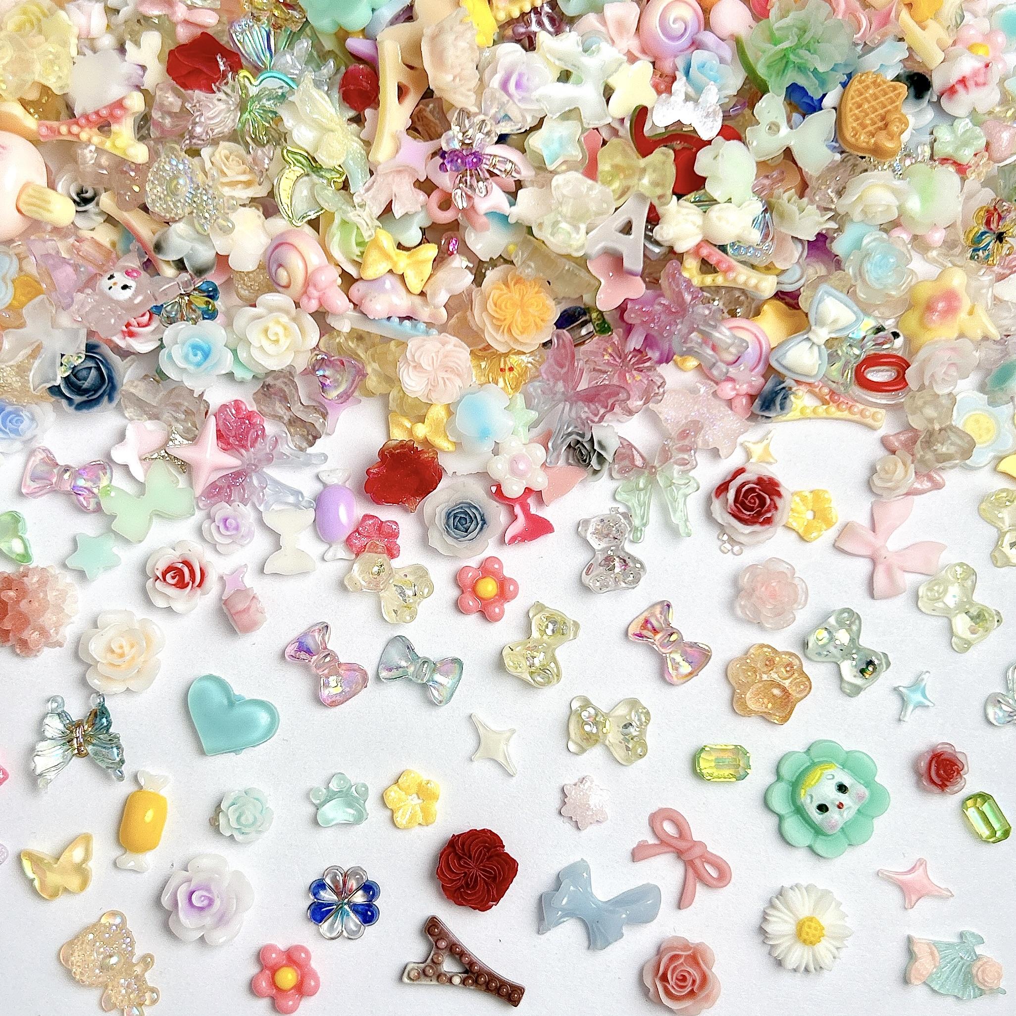 100PCS Multiple Style Tansparent Bear Bbow Star Resin Nail Charms Kawaii Creative Paw Lollipop Butterfly Accessories DIY Clip Phone Case Nail Art