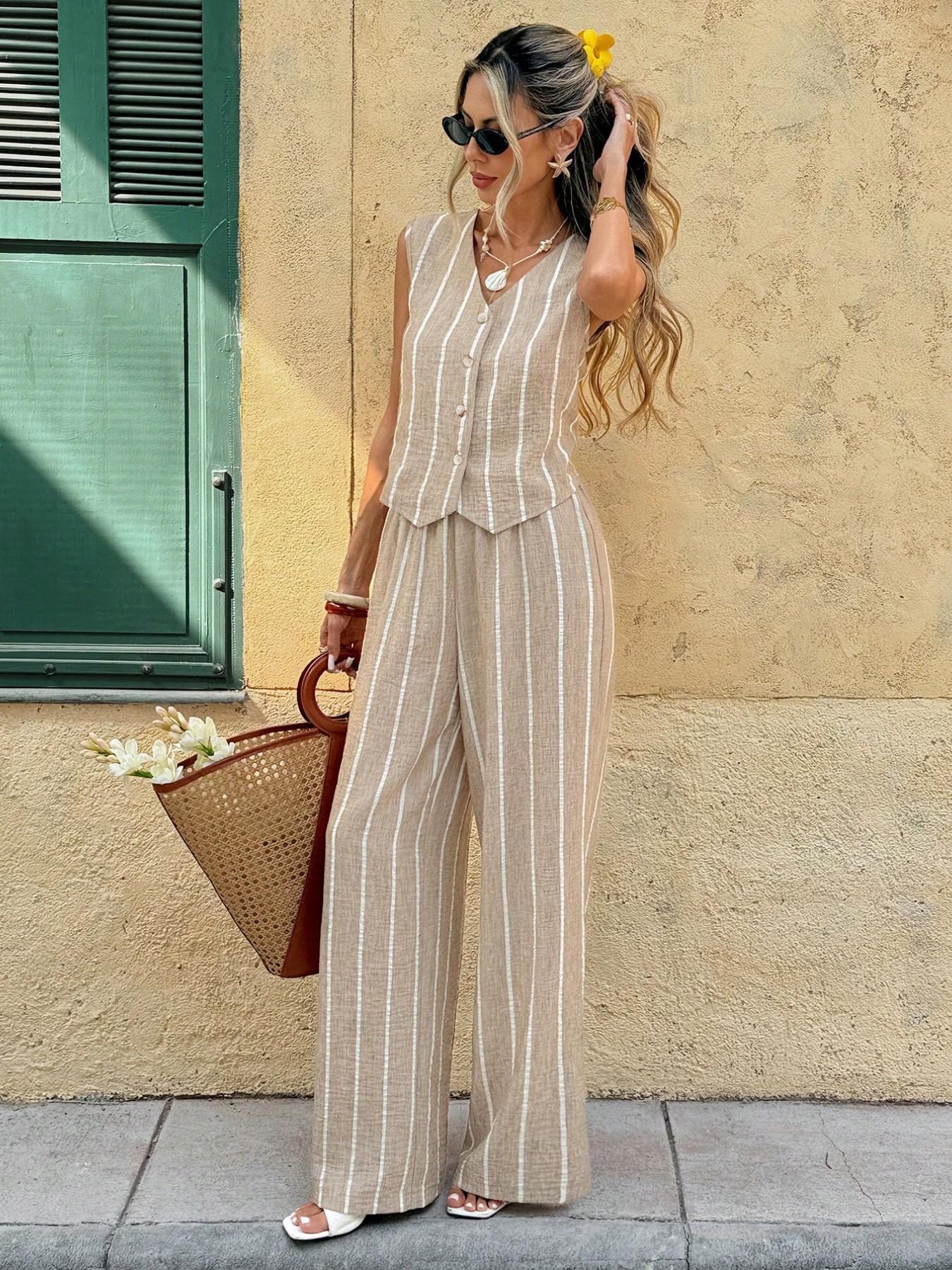 Two-Piece Set | Striped Vest and Wide-Leg Pants | Vintage Casual Chic Vibe | Wrinkle-Resistant No Iron | Comfortable and Stylish Outfit