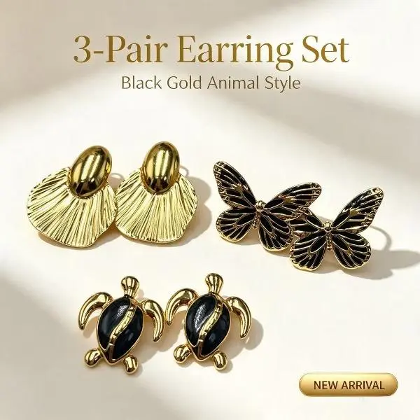 Women's 3-Pair Vintage Black Gold Animal Dangle Earring Set - Shell, Butterfly, Turtle Designs, Fashion Costume Jewelry Gift for Women