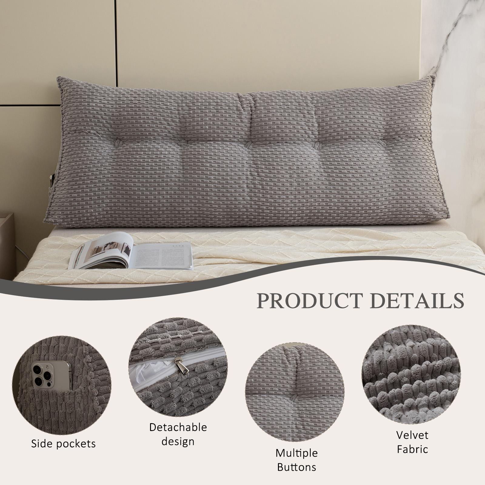 Velvet Headboard Wedge Pillow Sofa Bed Back Support Cushion Reading Bolster Pad with Small Side Pockets