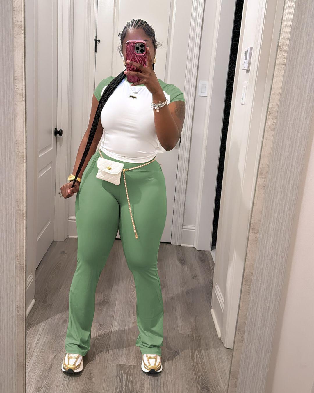 USBoutique Chic Women's Colorblock Top & Pants Two-piece Set Crew Neck Casual Fashion Fitted Cozy Breathable Outfits for Daily Outdoor Wear Ladies Summer Clothes Matching Trouser Set for Gym & Casual Wear