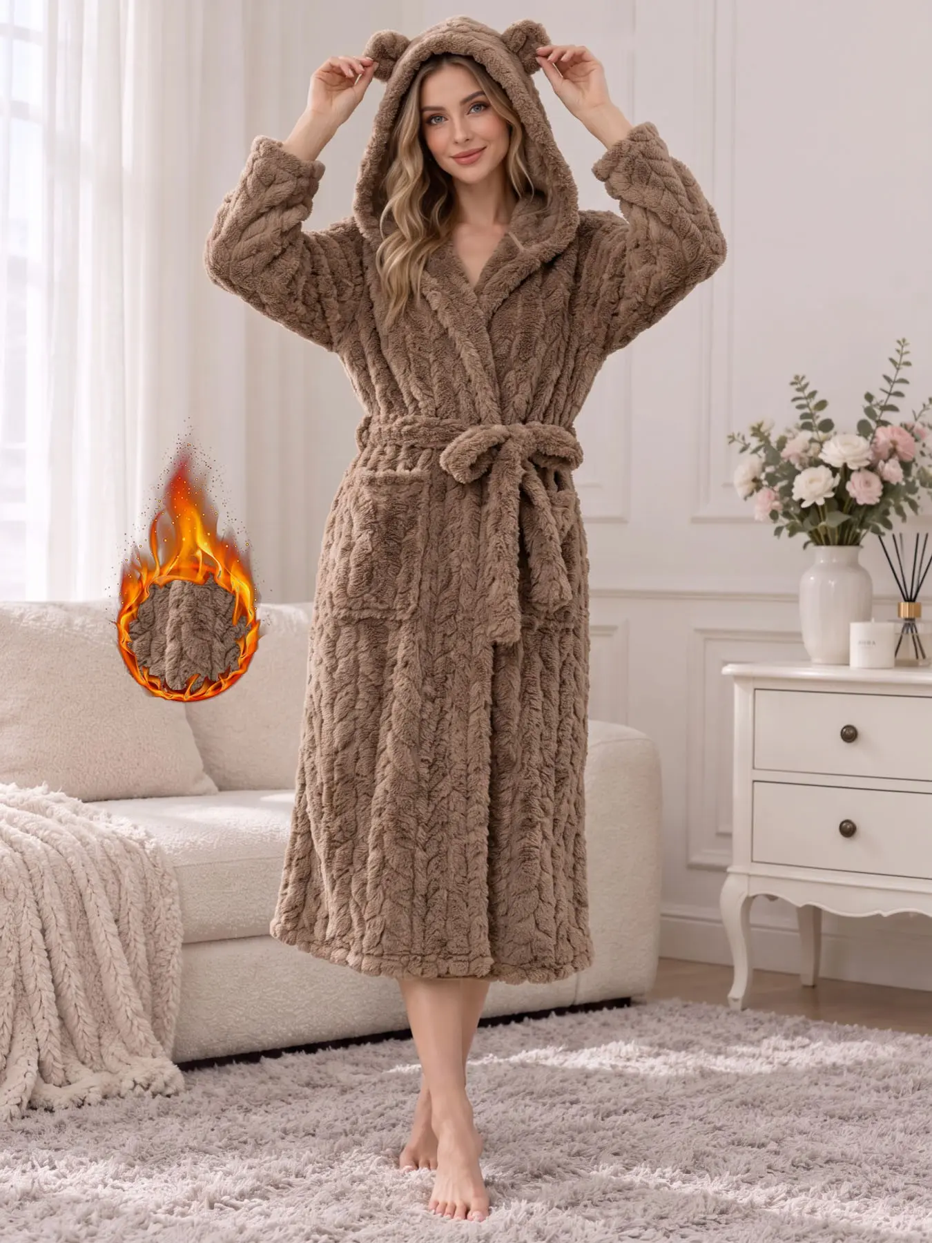 Women's Fall Winter Sweet Bear Ears Hooded Bathrobe, Plush Embroidered Tie Belt Dual Pocket Sleep Robe, Multiple Colors, Comfortable Warm Home Wear