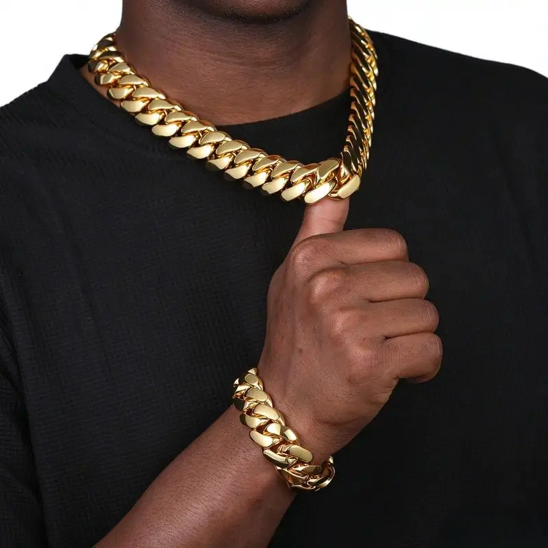 14K Trendy, high-quality men’s necklace, jewelry set, Cuban link chain with bracelet, party accessories, unisex necklace, men’s jewelry necklace, suitable for Halloween, Carnival, and Christmas, perfect as a wedding or engagement gift, ideal for gifting