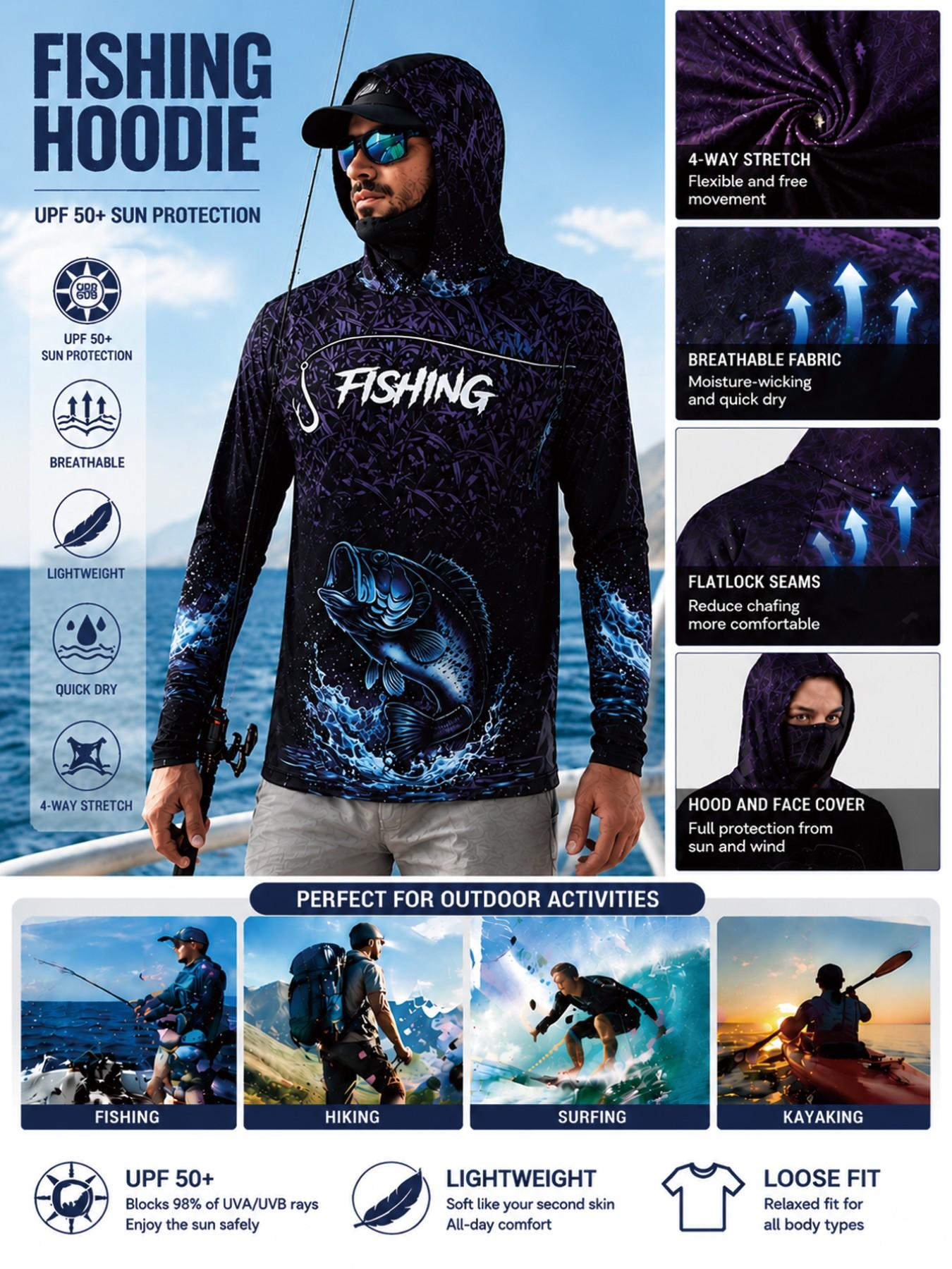 Men's Long Sleeve Hooded Fishing Shirt with Face Mask, Gradient Color Outdoor Fishing Clothing, Sun Protection Fisherman Men's Long Sleeve Hooded Fishing Shirt with Face Mask, Gradient Color Outdoor Fishing Clothing, Sun Protection Fisherman