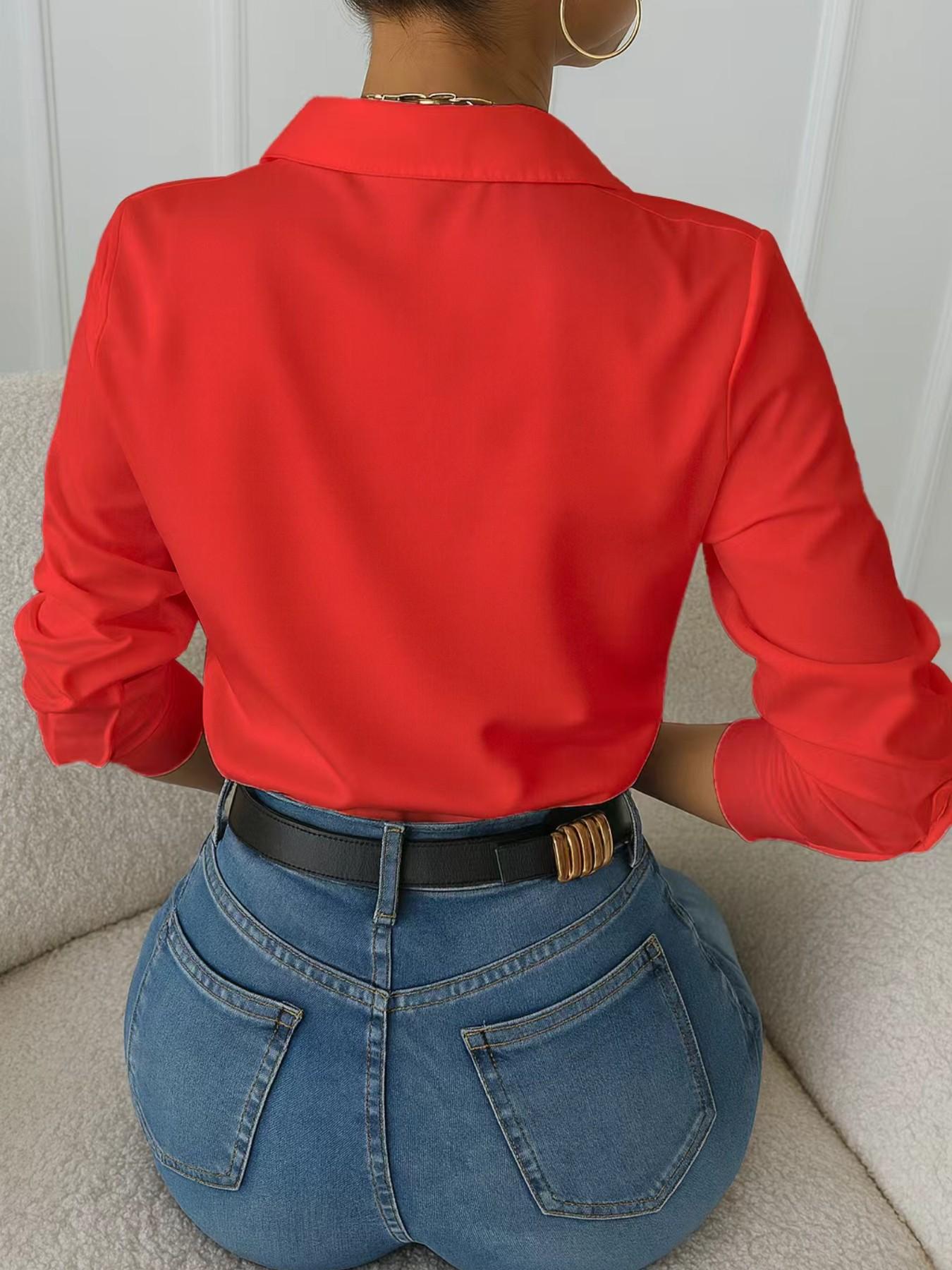 European and American style lapel long-sleeve fitted shirt blouse for women, fashionable pearl beading design, elegant temperament top