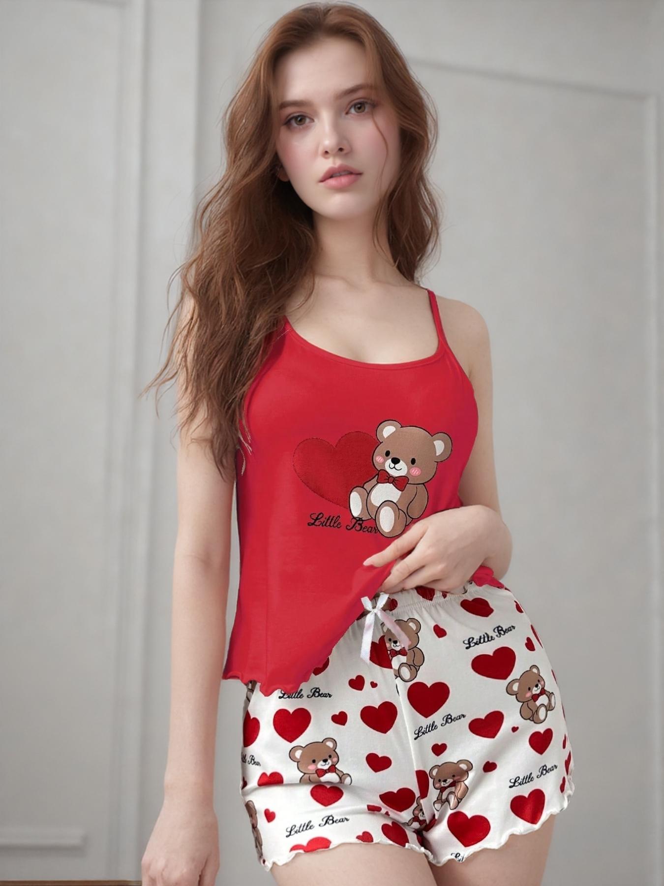 Women's Sexy Sleepwear Set, Heart Bear Cami + Heart Shorts, Soft and Comfortable Lounge Wear, Casual Home