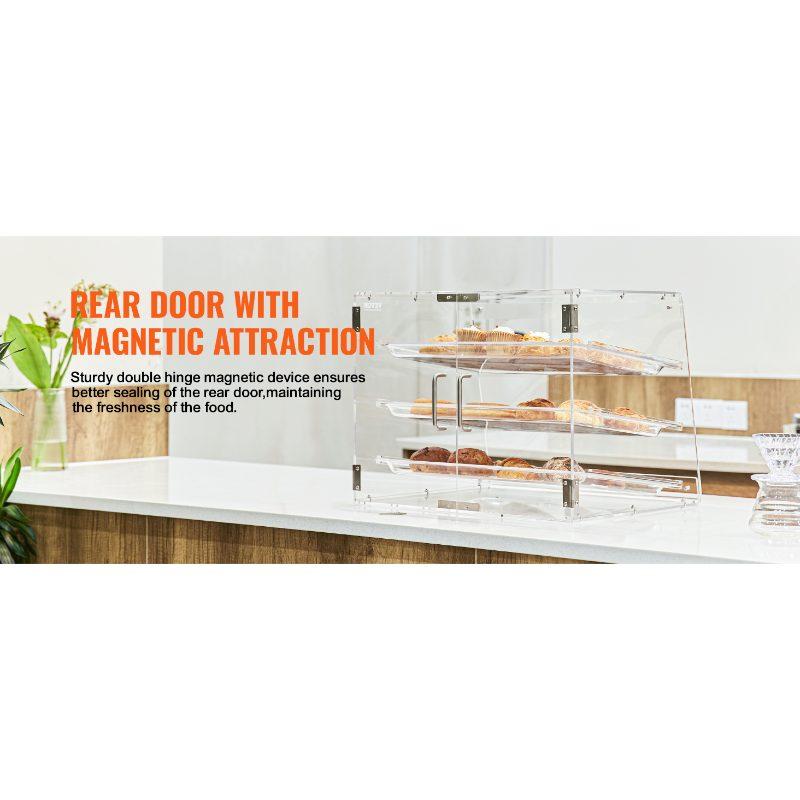 VEVOR Pastry Display Case, 3-Tier Commercial Countertop Bakery Display Case, Acrylic Display Box with Rear Door Access Removable Shelves, Keep Fresh for Donut Bagels Cake Cookie, 20.7x17x16.3