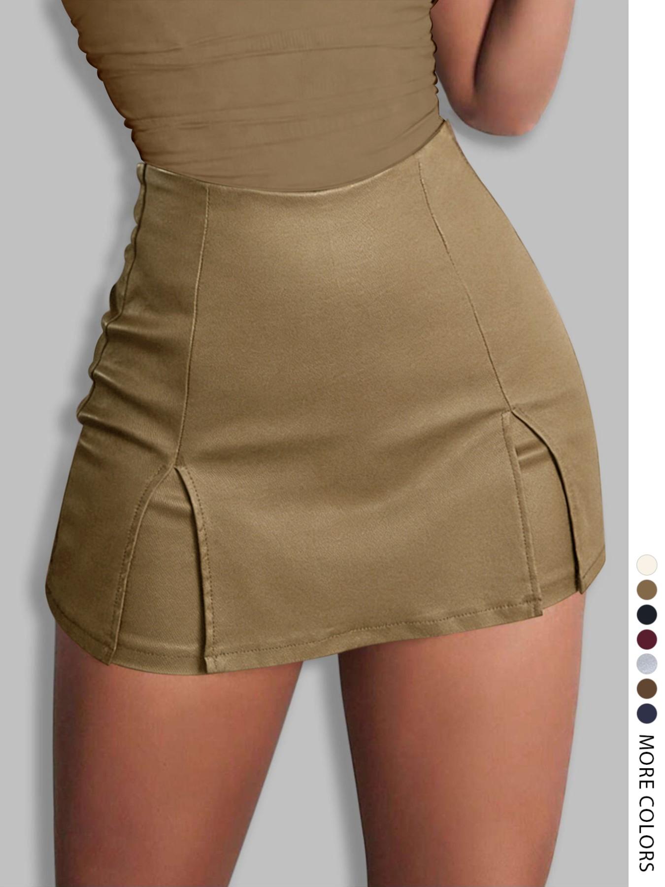 Women's Split Hem High Waist Skinny PU Skorts, Stretchy Zip Back Faux Leather Skort for Holiday Club Daily Wear, Lady's Bottoms for All Seasons