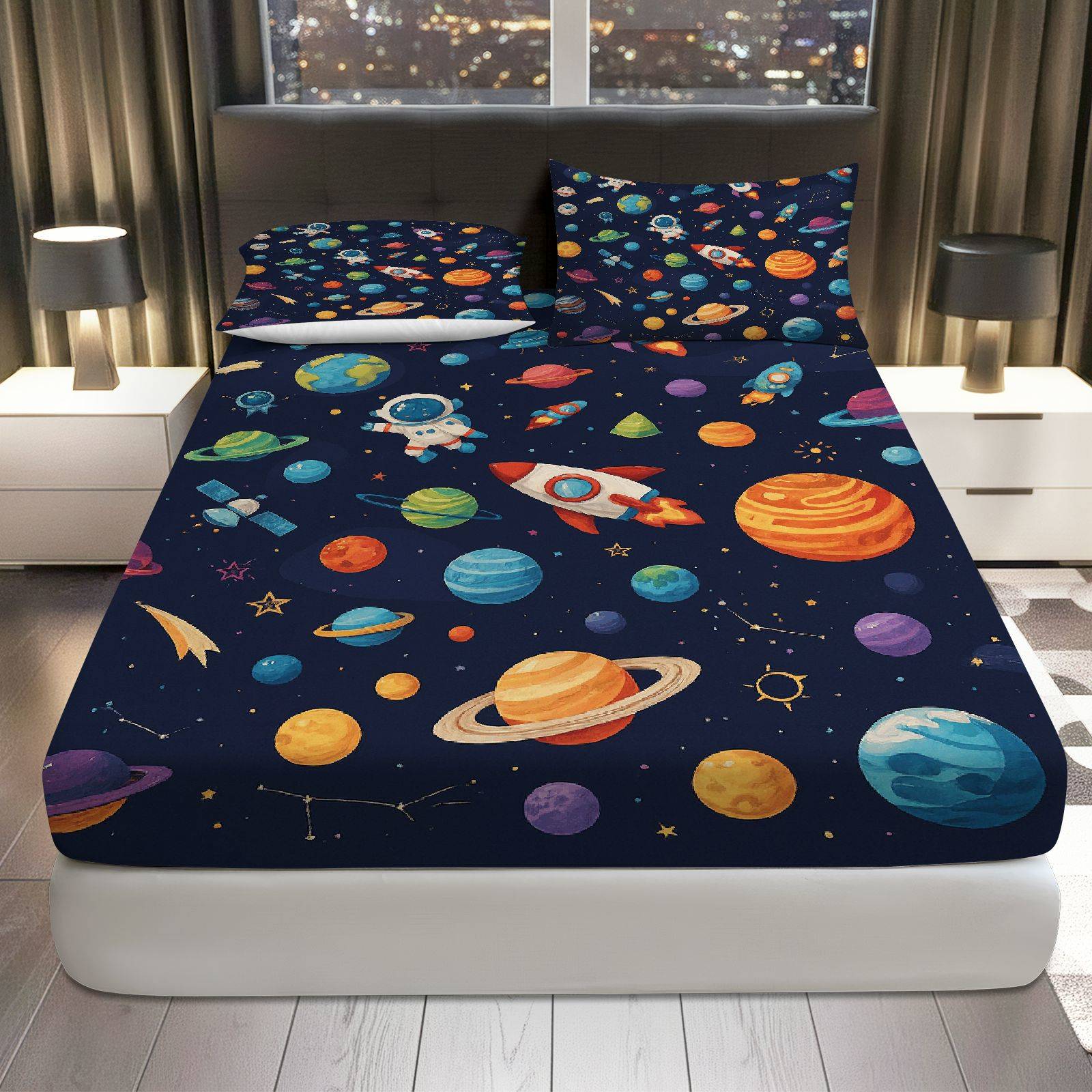 3Pcs Space Planet Astronaut Fitted Sheet Three Piece Set (1*Fitted Sheet+2*Pillowcases, Coreless), Science theme, Galaxy Bedding Set, Mattress Protector Soft, Breathable