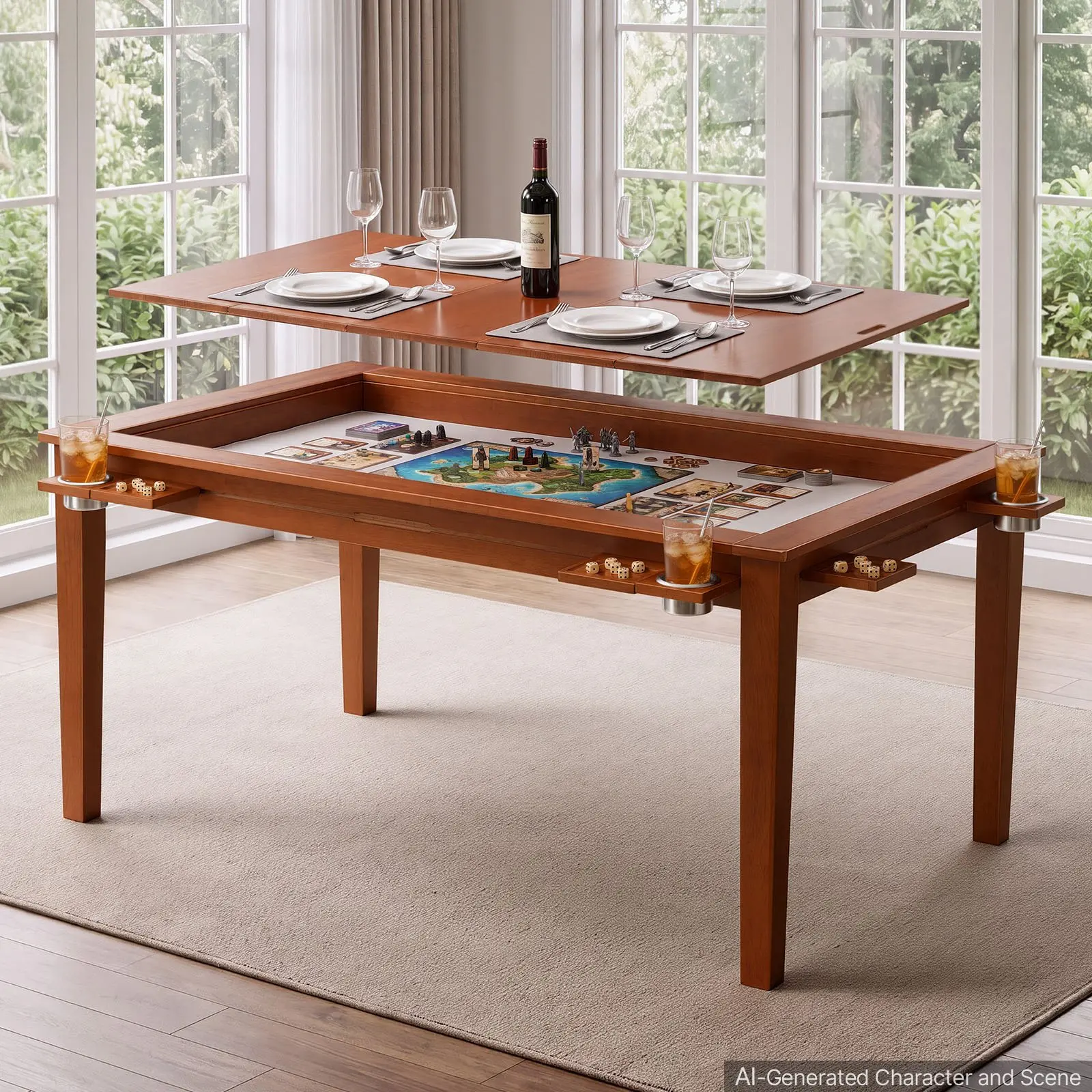 VEVOR Board Game Table 2-in-1 Gaming and Dining Table 63x 39.4x 30 in, Roomy for 6 Players, with Removable Tabletop, Leather Gaming Mat, 6 Cup Holders Sliding Trays, 440LBS Solid Wood Support