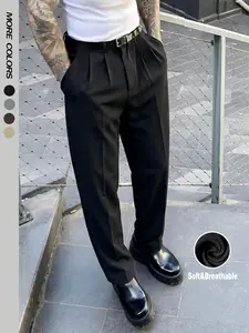 Men's Loose Fit Solid Color Classic Dress Pants with Elastic Natural Waist and Wide-Leg Draped Design, Suitable for Business and Daily Wear