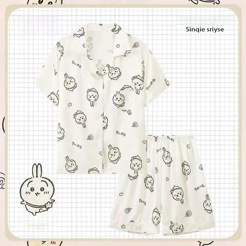 Chiikawa Usagi Hachiware Pajamas Girls Summer Ice and Snow Silk Short-sleeved Summer Thin Home Clothes Three-piece Set
