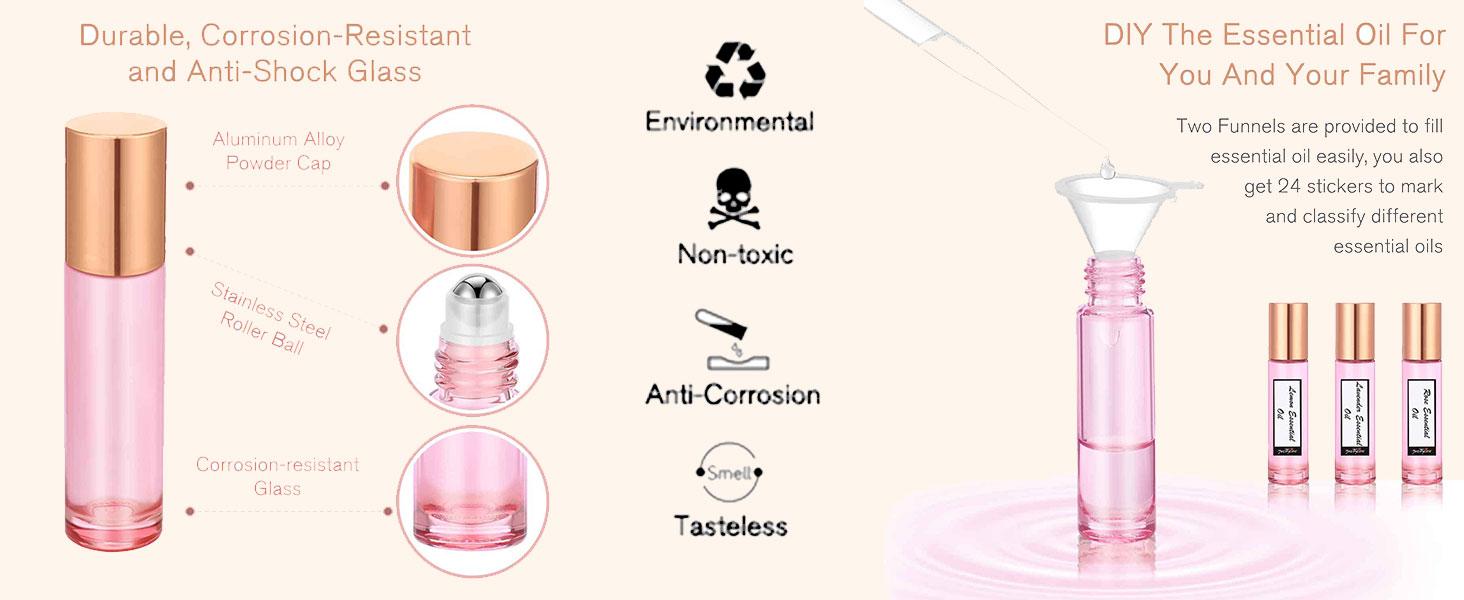 10 ml Rose Glass Roller Bottles for Essential Oils (with Extra Roller Balls, Labels, Opener, Funnels Essential Oil Roller Bottles for body oil perfume 10 ml Rose Glass Roller Bottles for Essential Oils (with Extra Roller Balls, Labels, Opener, Funnels Essential Oil Roller Bottles for body oil perfume