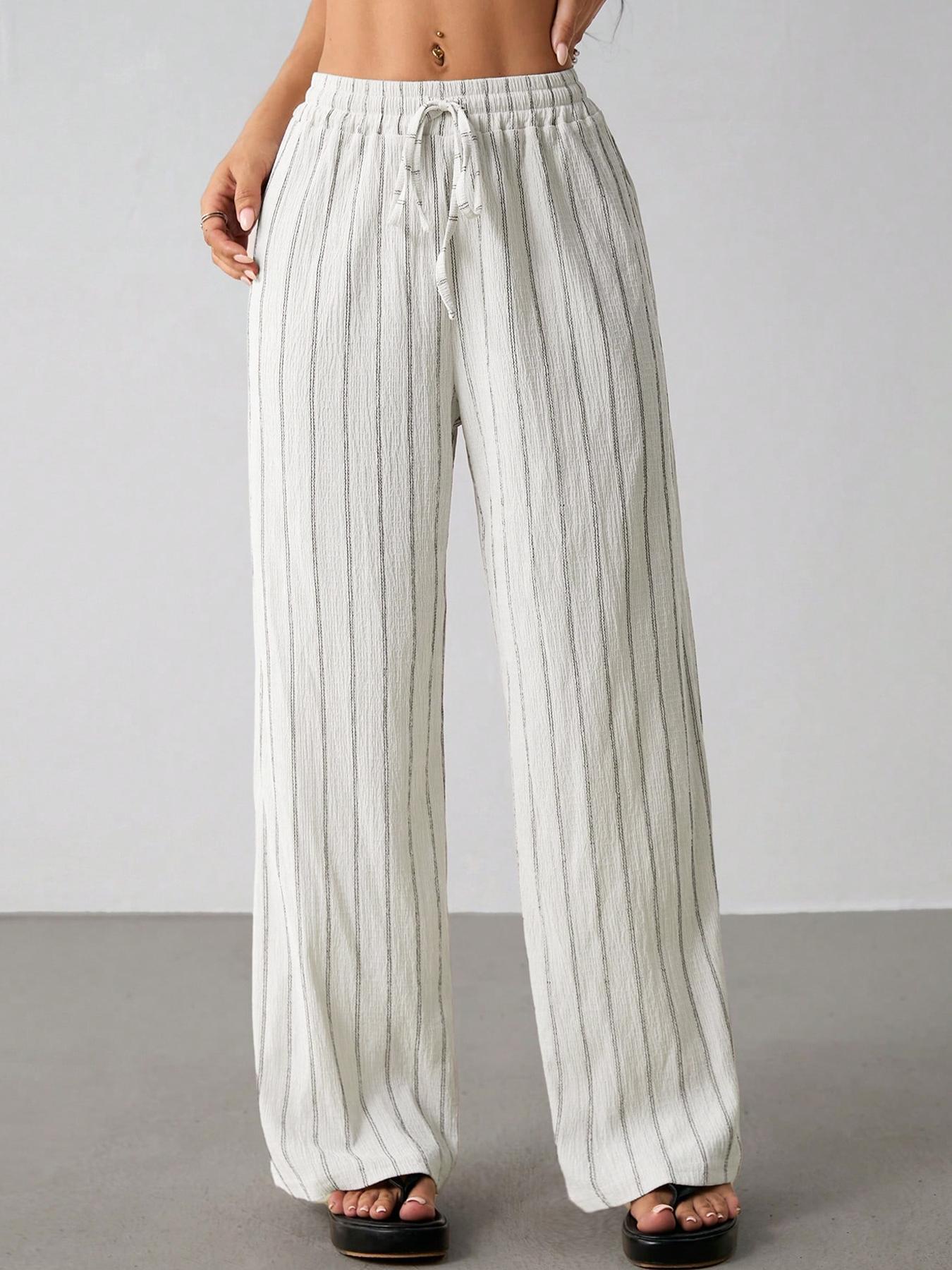 Women's Striped Waist-Tie Straight-Leg Loose Streetwear Pants, Casual Style, Moderate Fabric Thickness, All-Season Wear