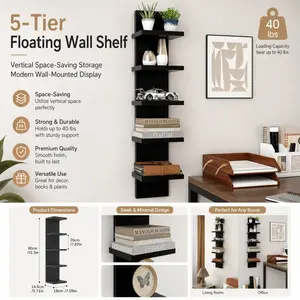 Five-Tier Black Floating Wall Shelf, Wall Mountable - Ladder Design, Space-Saving Storage Unit, Easy to Install without Metal Tubes, 30.7 Inches High, Suitable for Bedroom, Living Room - Wall-Mounted Shelf for Organizing Books, Plants, Decor (DM148A)