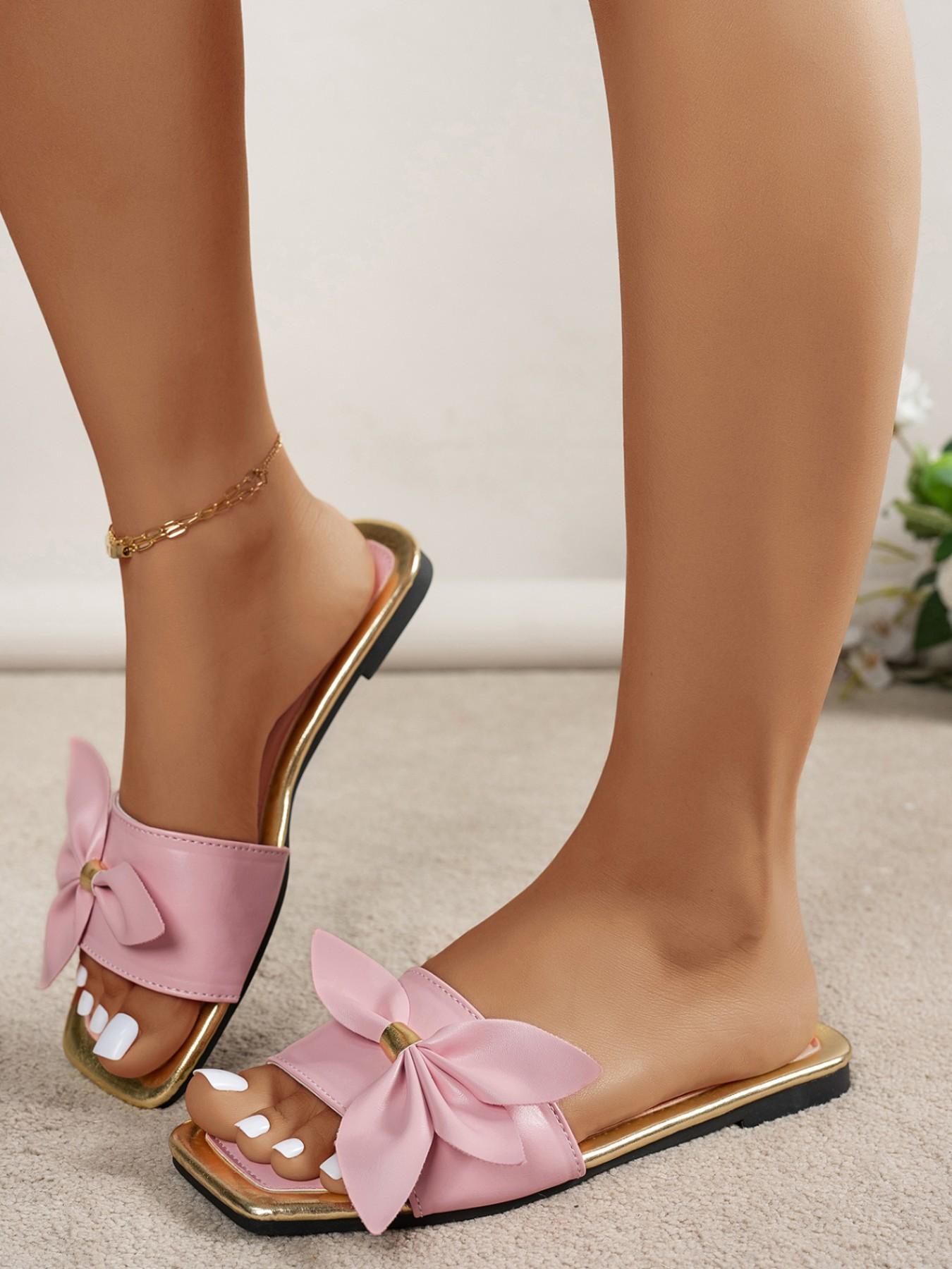 Women's Butterfly Knot Square Toe Sandals, Open-Toe Flat Slippers, Sweet Summer Beach Shoes, Casual Footwear for Women