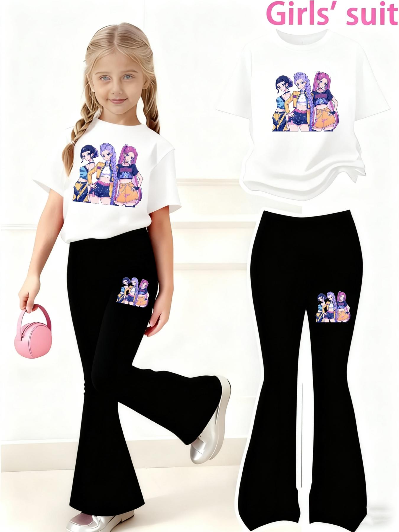 Halloween Christmas Costume Set, Witch Pattern Print 2-Piece Girls Casual Sports Short Sleeve & Bell Bottoms, Youth Trendy Sportswear, Cute Clothing Set