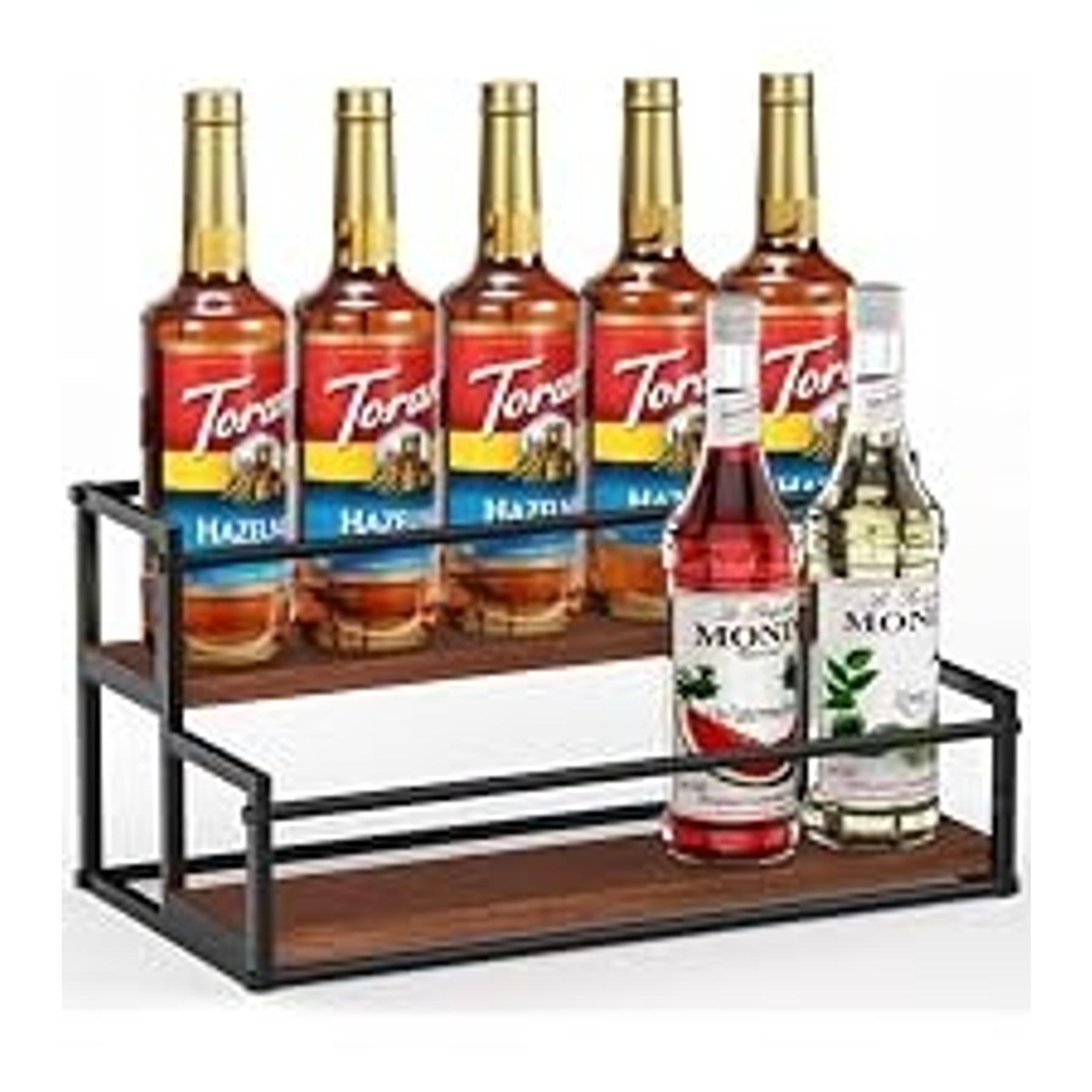 Rotating Coffee Syrup Organizer for Countertop, 9-Bottle Wooden Syrup Rack & Bottle Holder for Coffee Bar Station, Turntable Display Stand, Black
