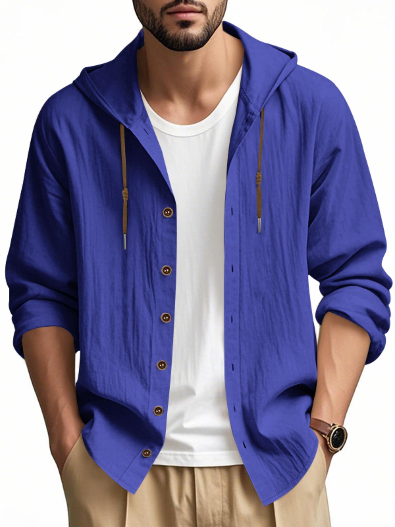 Hooded Linen Long Sleeve Shirt Jacket, Hawaiian Style Casual Loose Fit, Drawstring & Button Design, Spring & Fall Fashion, Beach Vacation Essential