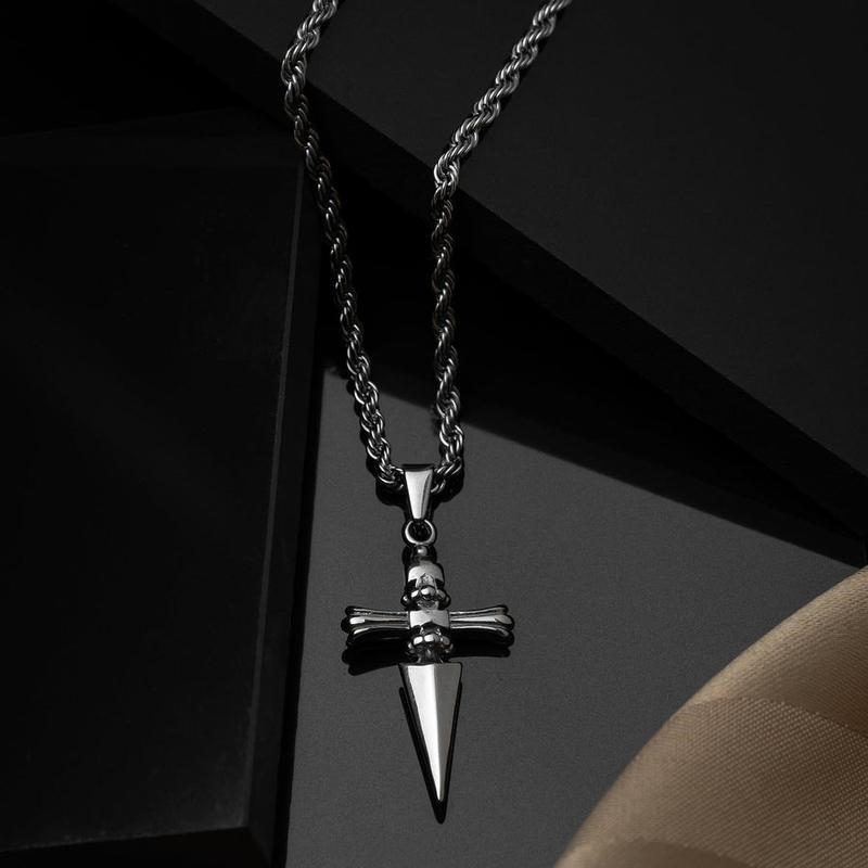 Unisex Anti-Tarnish Stainless Steel Cross Necklace, Twist Rope Chain Jewelry Necklaces (3 Finishes: Gunmetal, Gold, Silver), 60cm Gothic Punk Style for Streetwear Outfits, Fashion Stainless Steel Jewelry Gift
