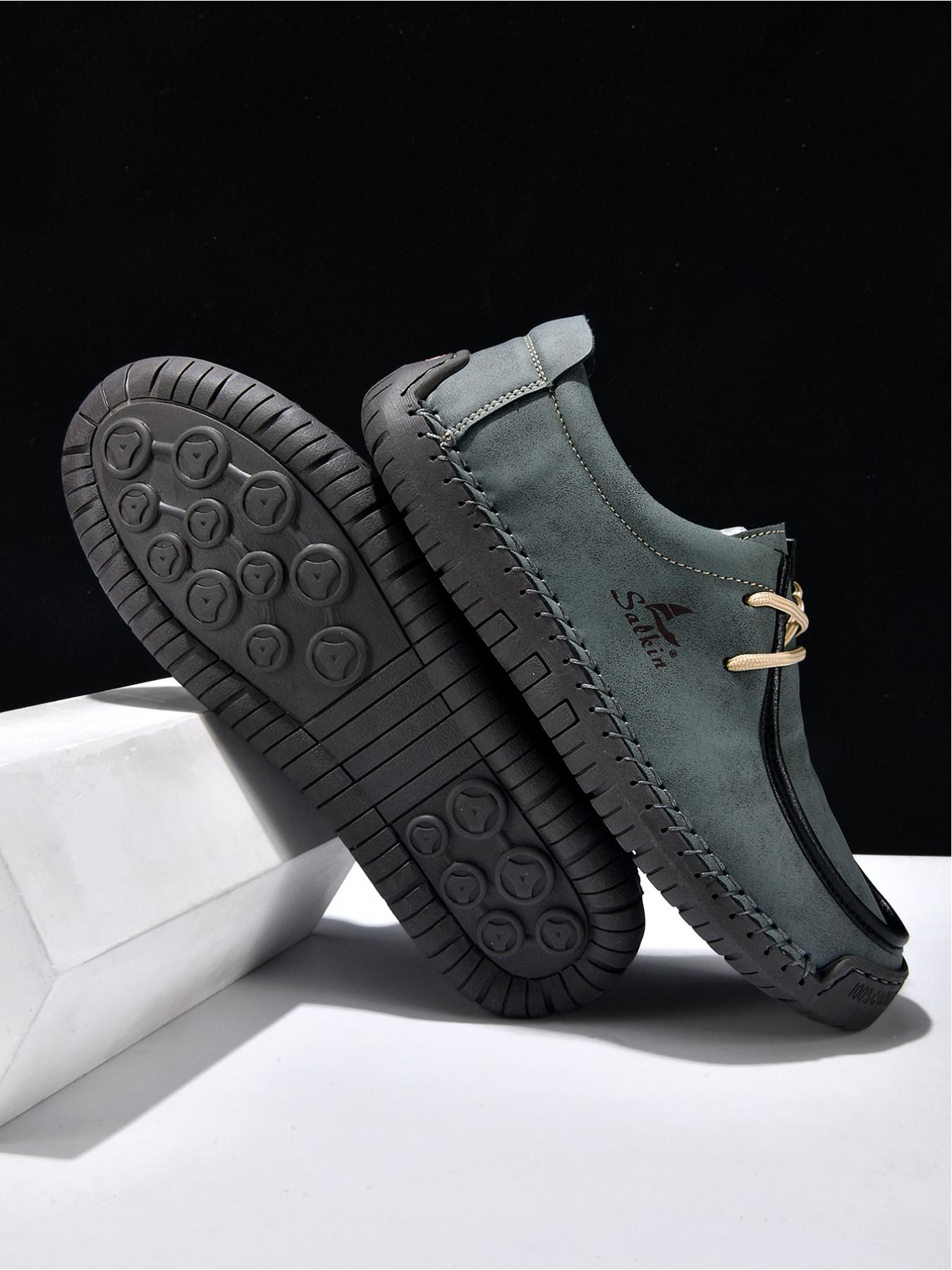 Men's Black Hand-Stitched Casual Shoes, Soft Sole Non-Slip Slip-On Driving Shoes, Dad Shoes