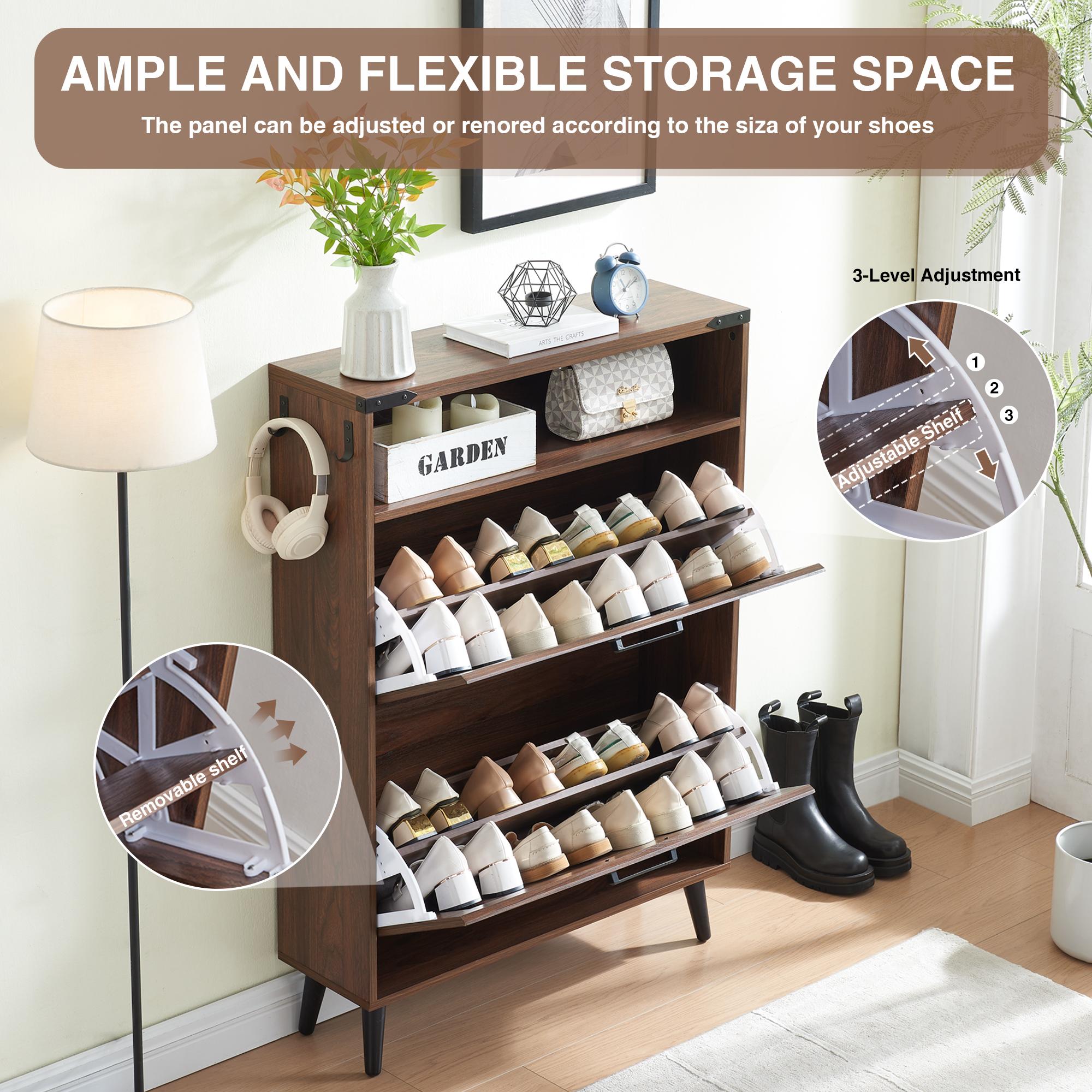 PieDle Furniture Shoe Storage Cabinet,Farmhouse Shoe Organizer with 2-4 Flip Drawers & Barn Door Design,Freestanding Hidden Slim Narrow Shoe Rack Cabinet with Open Storage for Entryway, Foyer,Hallway