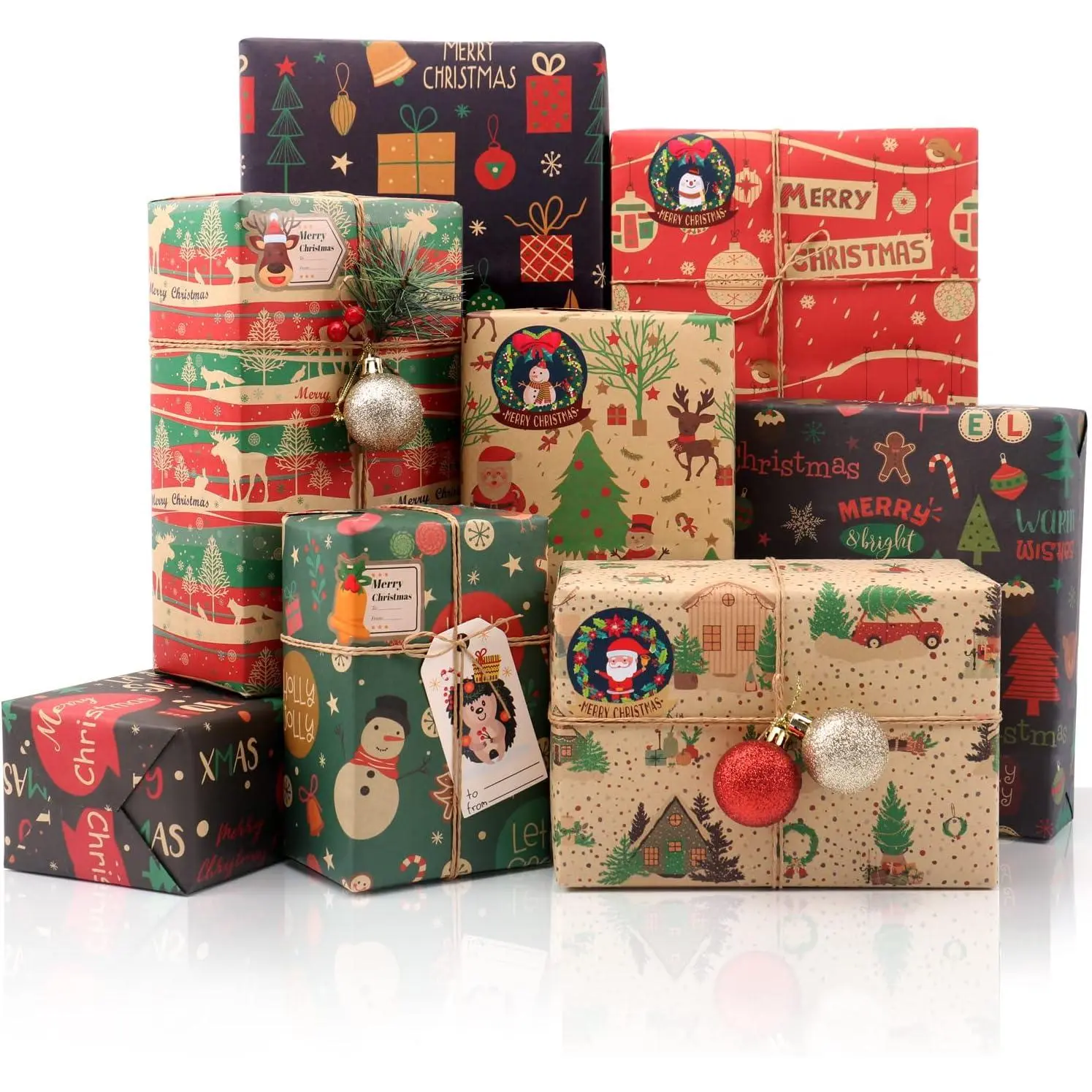 Christmas Wrapping Paper Set, 8 Sheets Recycled   Wrapping Paper Sheets, Santa Snowman  Merry Christmas Design, Wrapping Paper with Tags Stickers for  Wrapping, Holiday Decor, DIY, 70X50CM