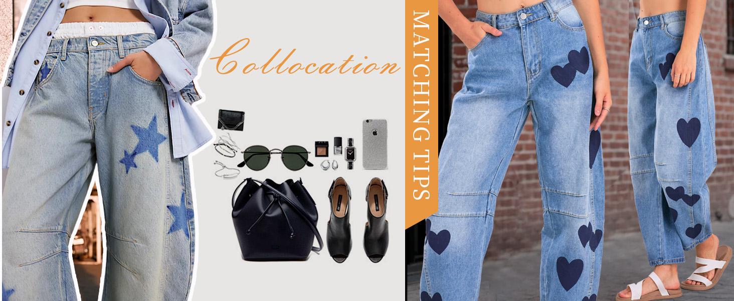 CHARTOU Y2k Barrel Jeans Women Wide Leg Baggy Distressed Printed Boyfriend Horseshoe Denim Pants Bottom Streetwear