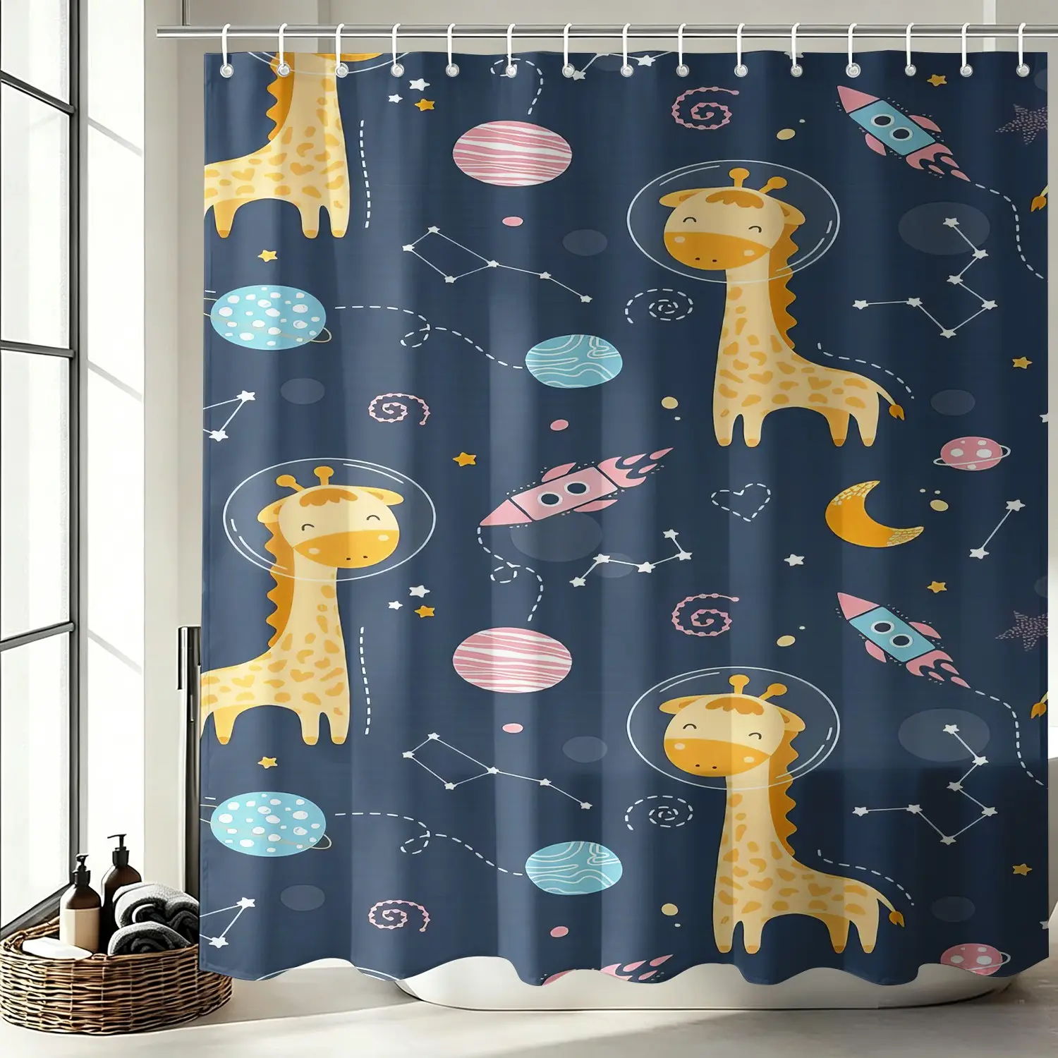 Cartoon Space Astronaut Giraffe Printed Shower Curtain; Heavy Duty Waterproof Fabric Shower Curtain Comes with Free Install Hooks, Whimsical Outer Space Kid Bath Curtain for Family House, Cheap Rental, Rural House