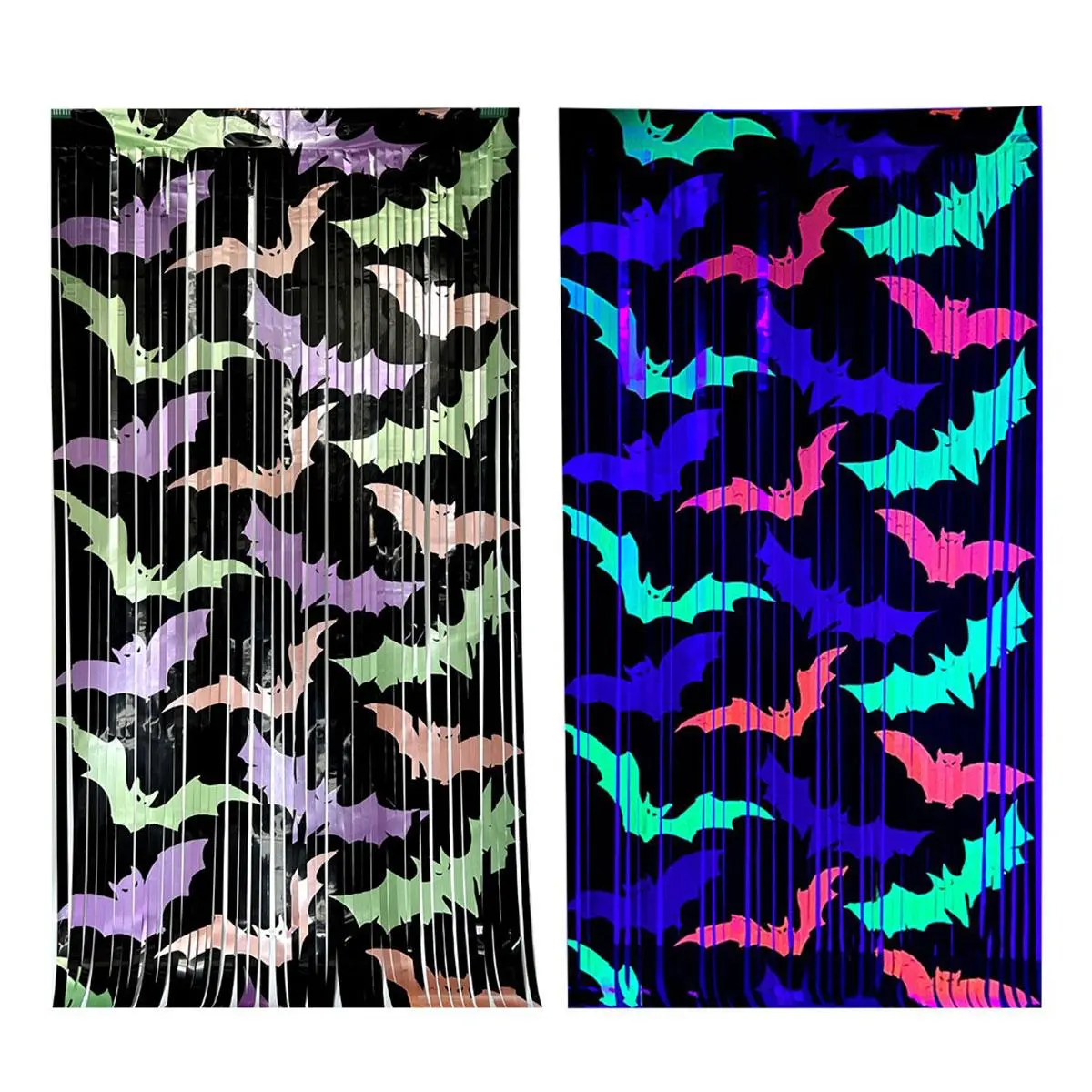 Halloween Bat Metallic Tinsel Foil Fringe Curtains 3.3ft X 6.6ft, Glow in The Dark Self Adhesive Black Metallic Foil Streamer Curtain for Halloween Party Photo Booth Door Wall Decor