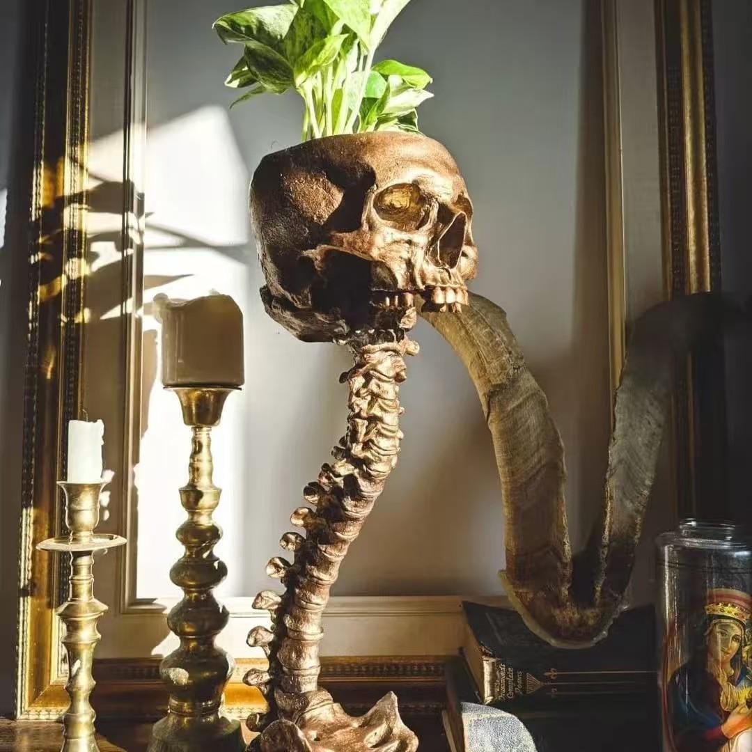 Human Skeleton Skull Planter & Spine Stand, Gothic Flower Pot, Halloween Home Decoration, Unique Decorative Item for Festive Settings