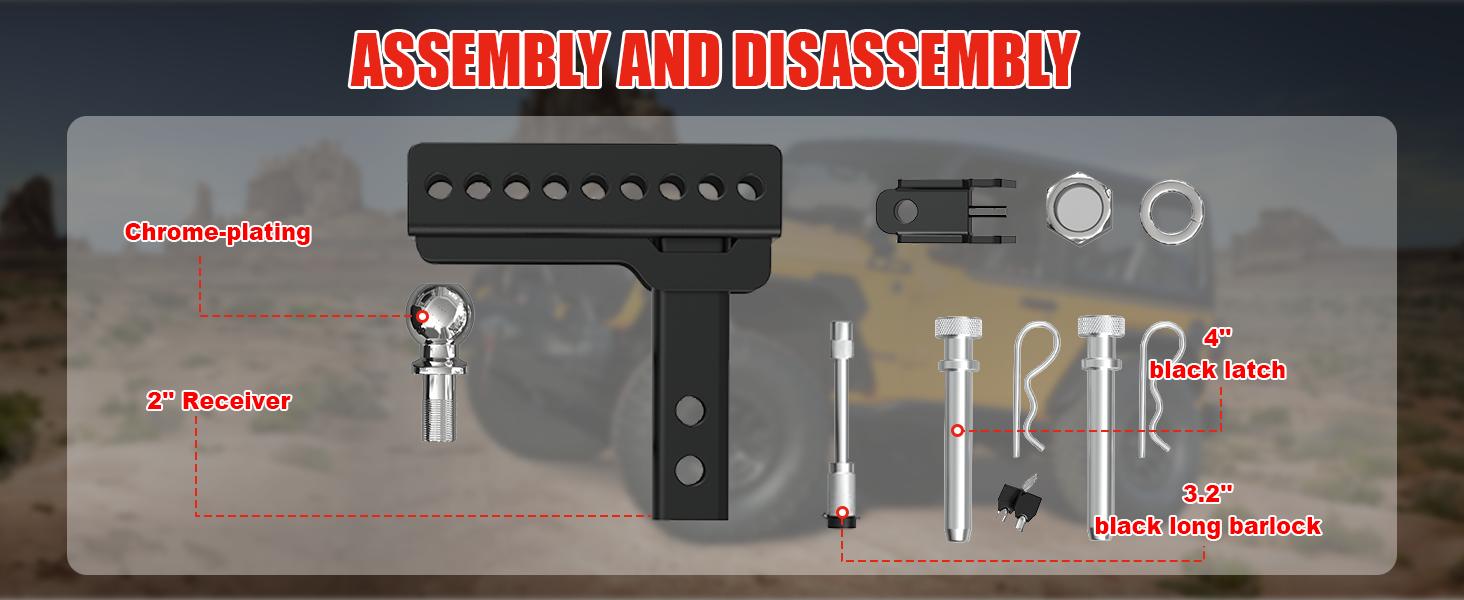 TYT Adjustable Trailer Hitch for 2" Receiver, 6" Drop/Rise, 2" Tow Ball, 7,500 lbs GTW / 750 lbs TW, Includes Two Pins and One Anti-Theft Pin Lock, Towing, Locks Tow Ball, Drop Hitch With 2