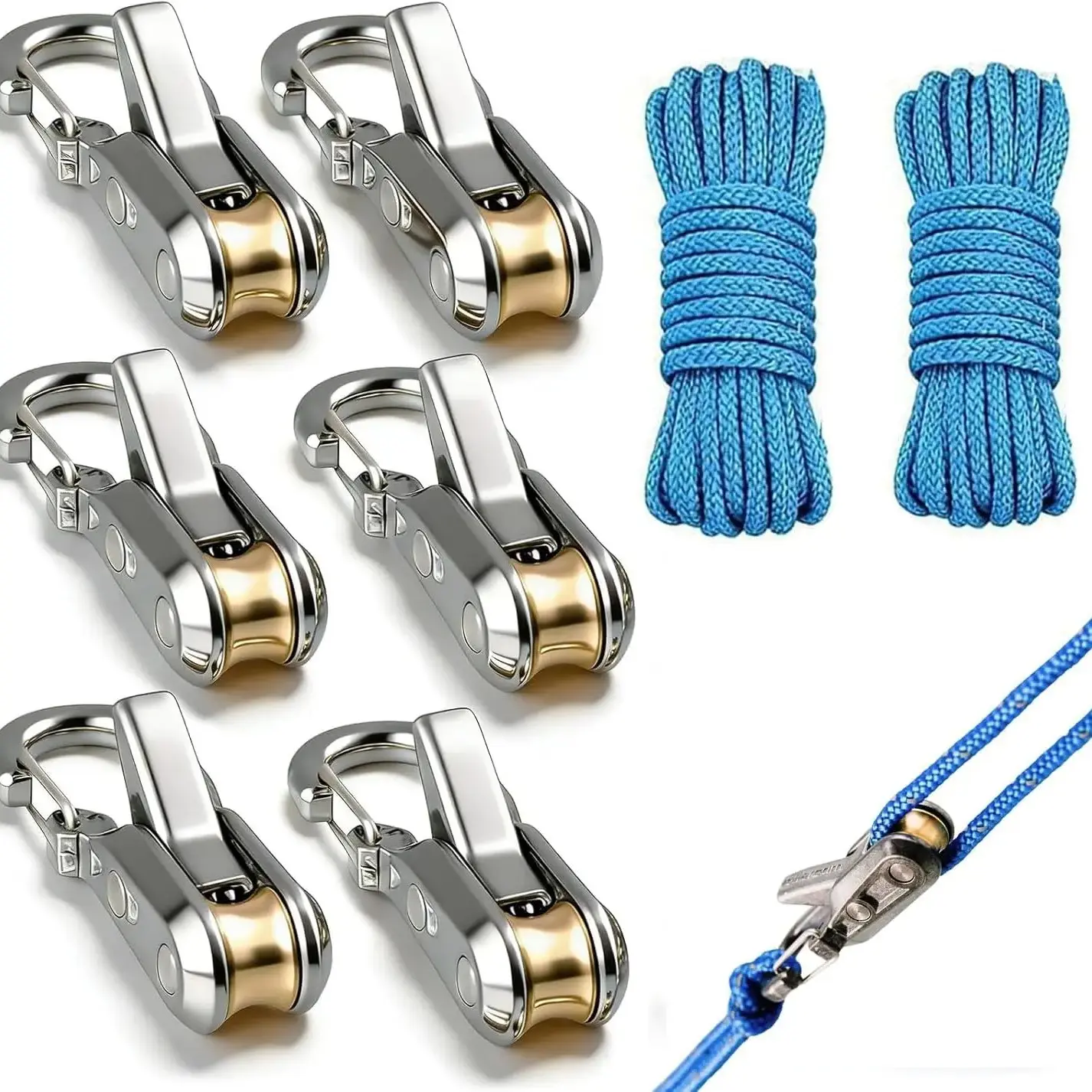 6-Pack Heavy-Duty Rope Tightening Tool and Tensioner, Marine Brass, Paracord-Fit Accessory for Reflective Cord, Adjustable Ropes - Easy Secure Tie Down for Outdoor Camping, Trailer Hitch Mounting, Adjustable Hanging Ropes, Glamping
