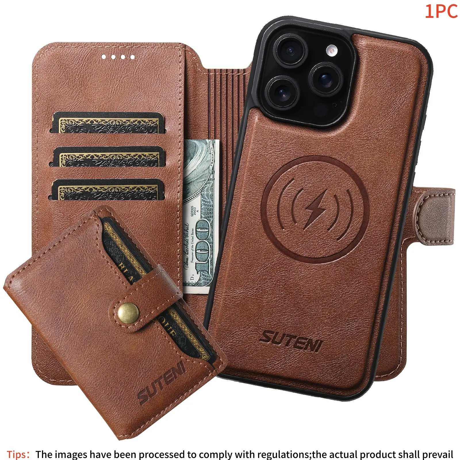 Wireless Charging Case, 3-In-1 Detachable Magnetic Leather Wallet Stand, Flip Cover with Magnet Clip, iPhone 17 Pro Max, 16, 15, 14, 13 Pro Max Plus Protector