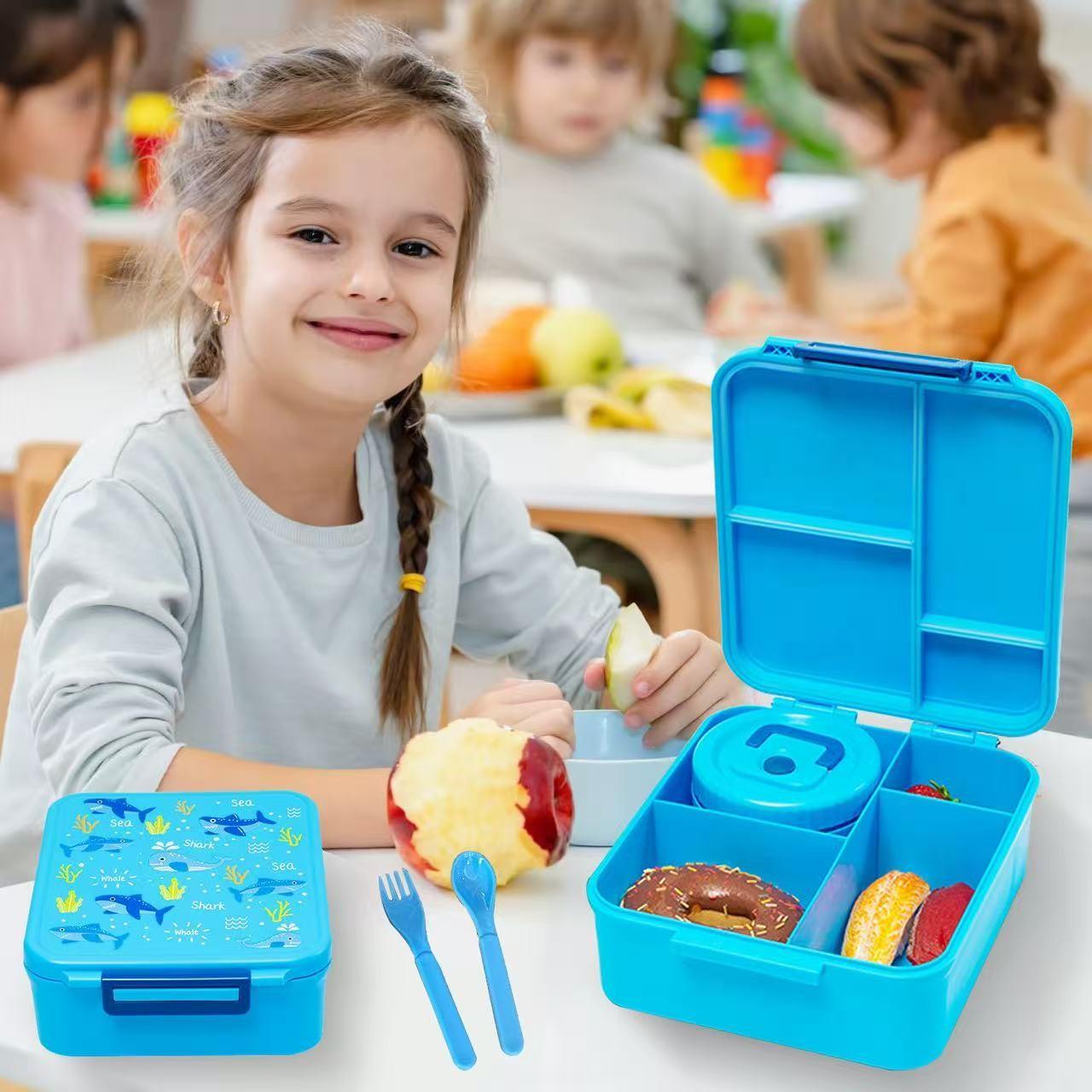 Cute Cartoon Bento Lunch Box with Soup Thermo, Kids Leakproof 4 Compartments, Insulated Food Jar for School Travel, Leak-Proof Bento Box with Spoon