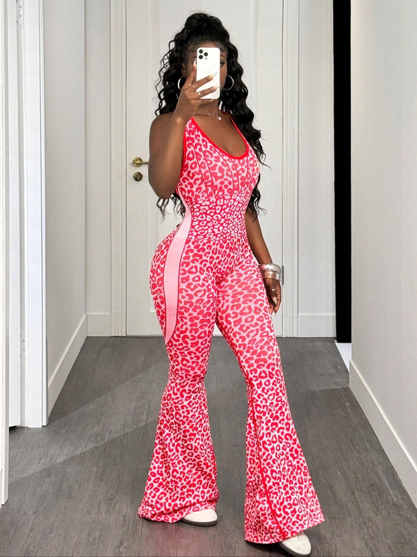 Shein Women's Seamless Leopard Print Yoga Jumpsuit, High Stretch Waist Cinching Micro Flare One-Piece, Removable Cup Pads, Backless Sports Jumpsuit