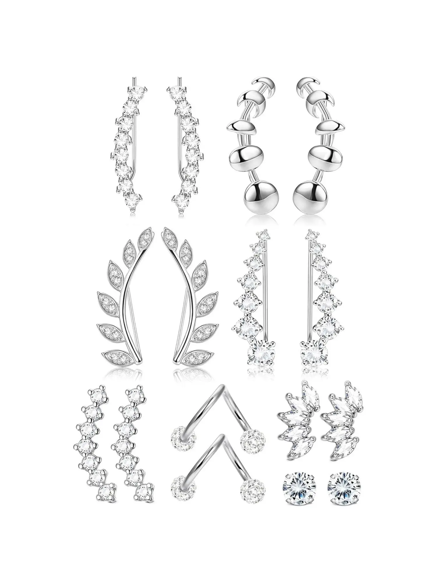 8 Pairs Luxury CZ Ear Climber Earrings Copper Ear Crawlers with Stainless Steel Studs Leaf Vine Ear Climbers Linear CZ Climbing Earrings Rounded Bead Ear Cuffs V-shaped Zirconia Studs Classic Single CZ Earrings Elegant Feminine Earrings for Dating Parties