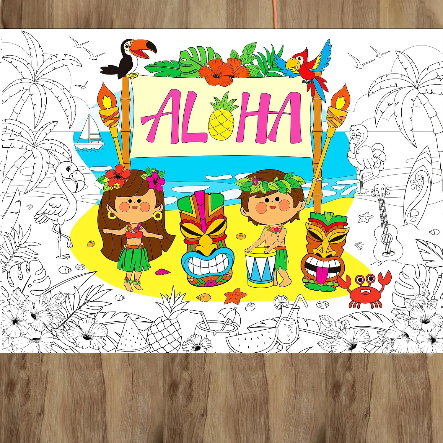 Hawaiian Aloha Giant Coloring Poster Large Summer Coloring Sheet Big Luau Tropical Table Cloth  Books Page for  Craft Activity  Birthday Party Decoration Supplies 31.5 x 43.3 Inch