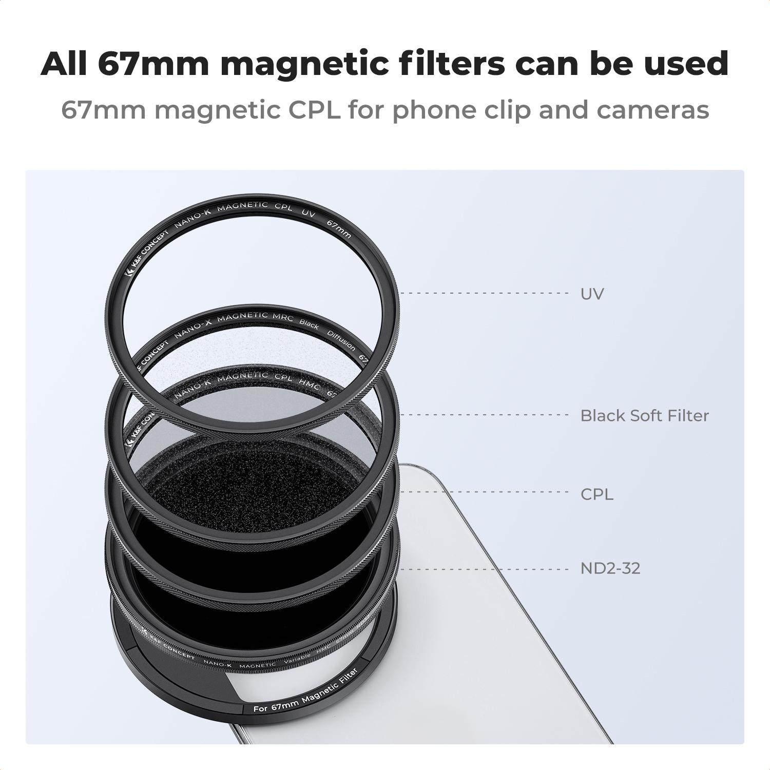 【K&F CONCEPT】Clip On 67mm CPL Magnetic Phone Lens Filter Kit, Phone Clip with Magnetic Adapter Ring/Cold Shoe/Locking Knob, Polarizer Filter for iPhone 16 15 Pro Max 14 13