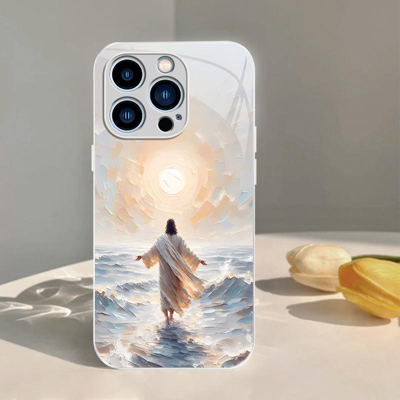 Jesus oil painting phone case, Christian faith art glass cover with lanyard — Mother’s Day gift for iPhone 17/16/15/14/13 Pro Max and Samsung S26/S25 Ultra — 975 — 975