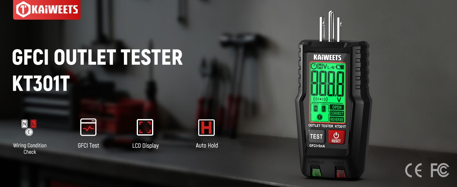 GFCI Outlet Tester with LCD Display, 3-Prong Receptacle Wiring Detector, Voltage Checker, Auto Hold, Diagnostic Tool for 120V AC Home Outlets