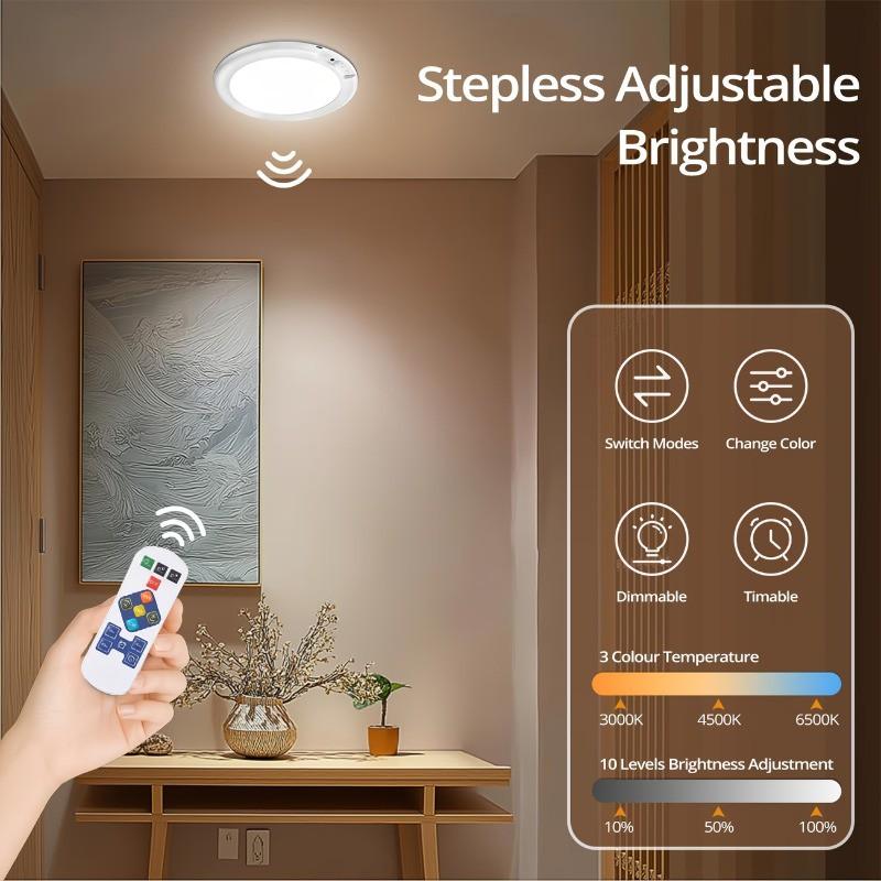 2-Piece Rechargeable Ceiling Lights, LED Three-Tone Dimmable, Wireless Installation, Remote Control, Ideal for Hallway, Closet, Office