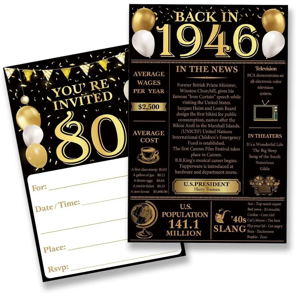 80th Birthday Party Invitations for Women Men, Back in 1946 80 Year Old Birthday Invitation Set (20 Invites and Envelopes)