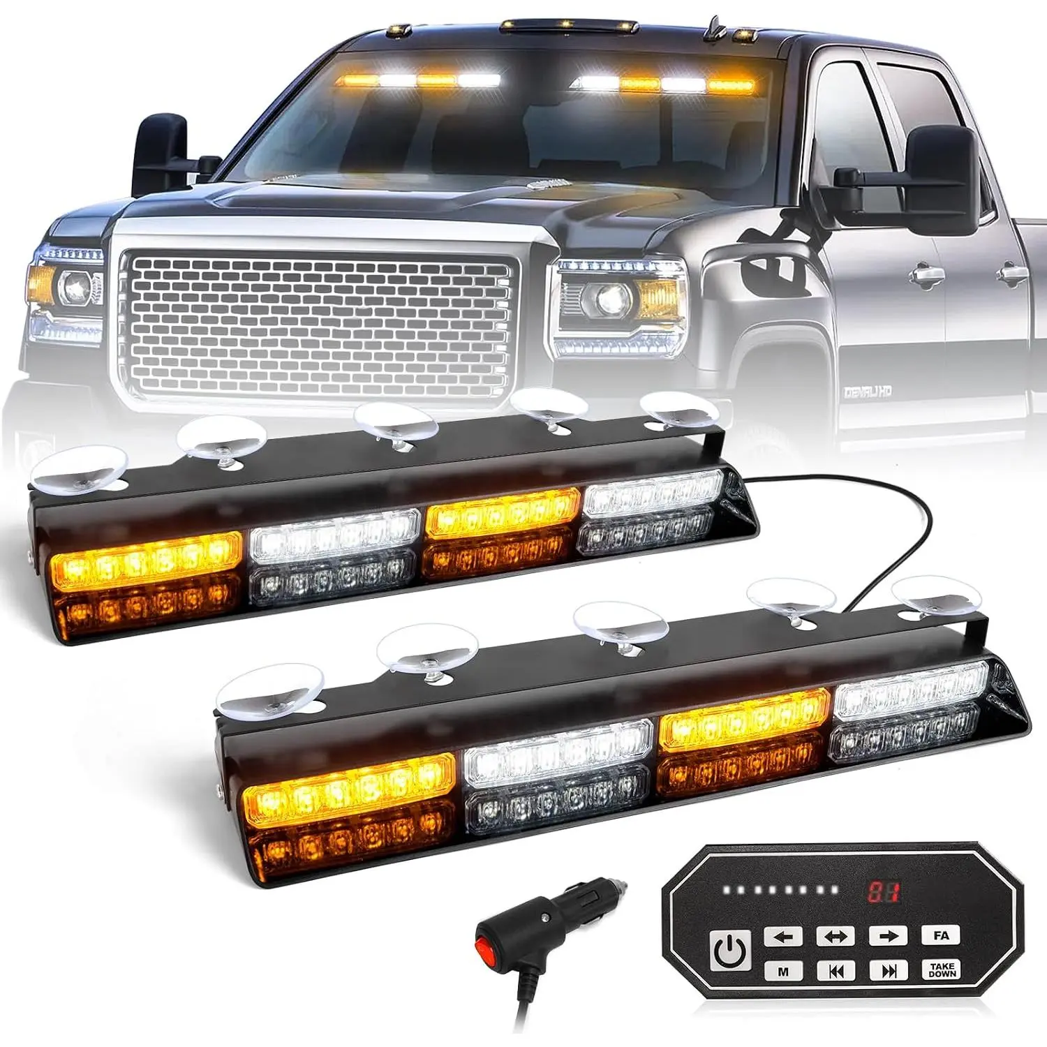 604N Emergency Dash Strobe Lights: 2x16.8 inch Amber White Security Light w/Take Down, 48 LED Safety Flashing Warning Hazard Interior Windshield Light Bar for Truck Vehicle,car,energy,devil,music,auto,2-in-1,tailgate,cargo,off-road