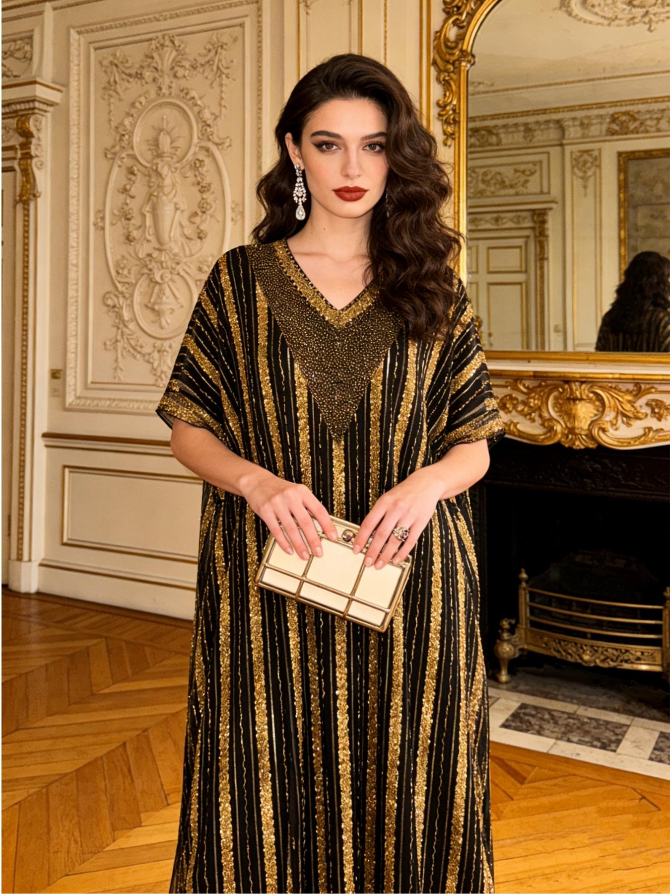 New Muslim Women's Kaftan, Elegant Sequin Mesh Abaya, Batwing Sleeve Cape, V Neck, Spring Summer Fall Evening Dress, Arabic Jellabiya, Moroccan Kaftan