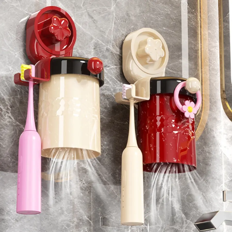 Magnetic Suction Toothbrush Holder, Wall Mounted No-Drill Bathroom Set, Includes Mouthwash Cup and Brushing Cups, Space-Saving Design